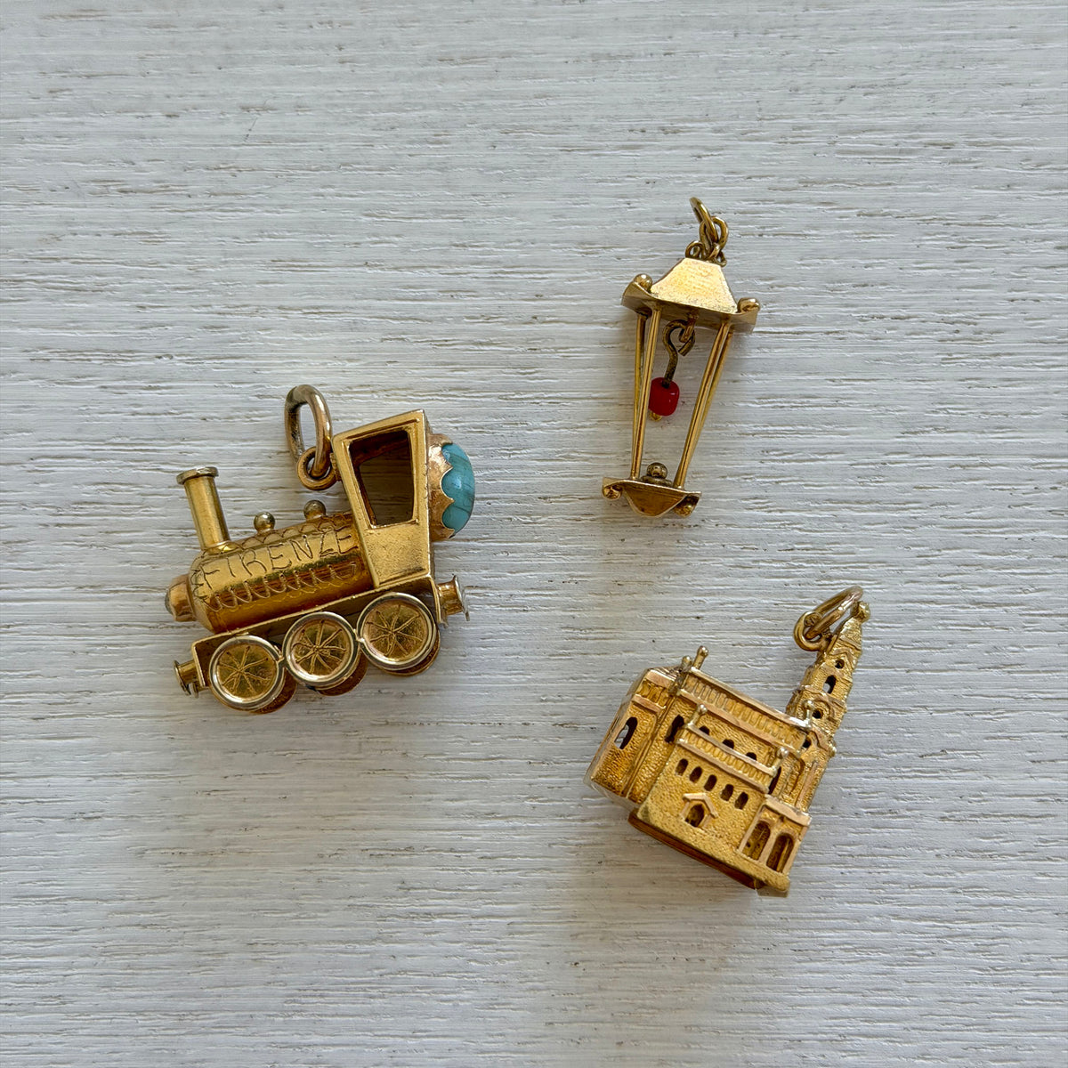Vintage 18K Gold Multi-Stone Italian Locomotive Charm, Vintage 18K Gold Basilica de Fátima Charm