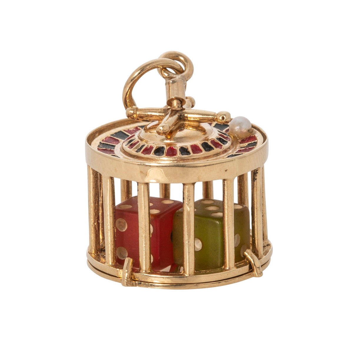 Vintage Enamel Roulette Wheel Dice Cage 14K Gold Charm