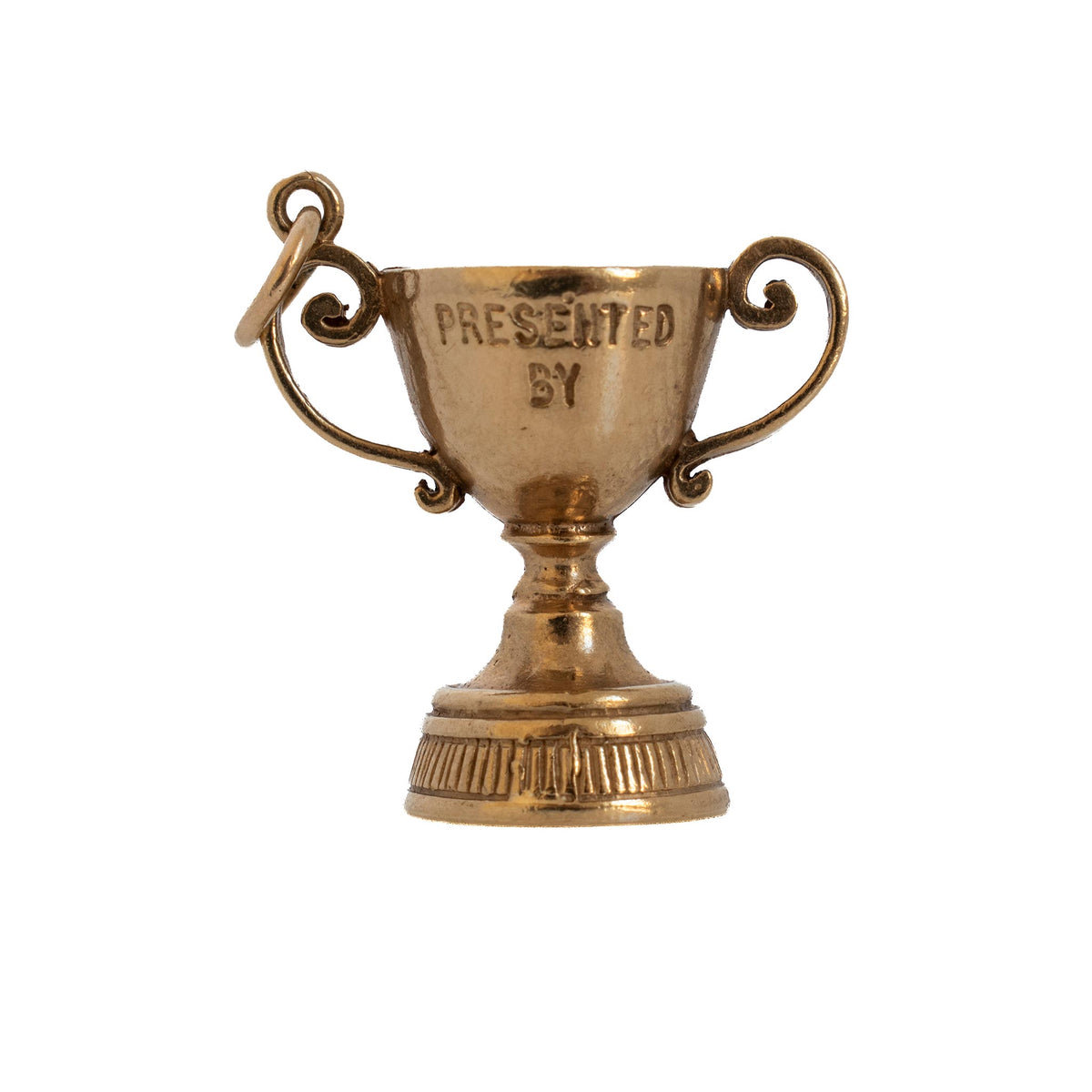 Vintage 9K yellow gold trophy charm with scroll handles, a ridged base, and “Presented By” engraved on the front.