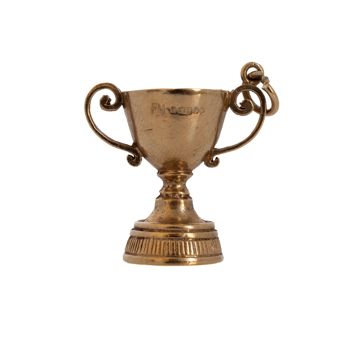 Reverse view of a vintage 9K yellow gold trophy charm with scroll handles, stamped markings, and a ridged base.