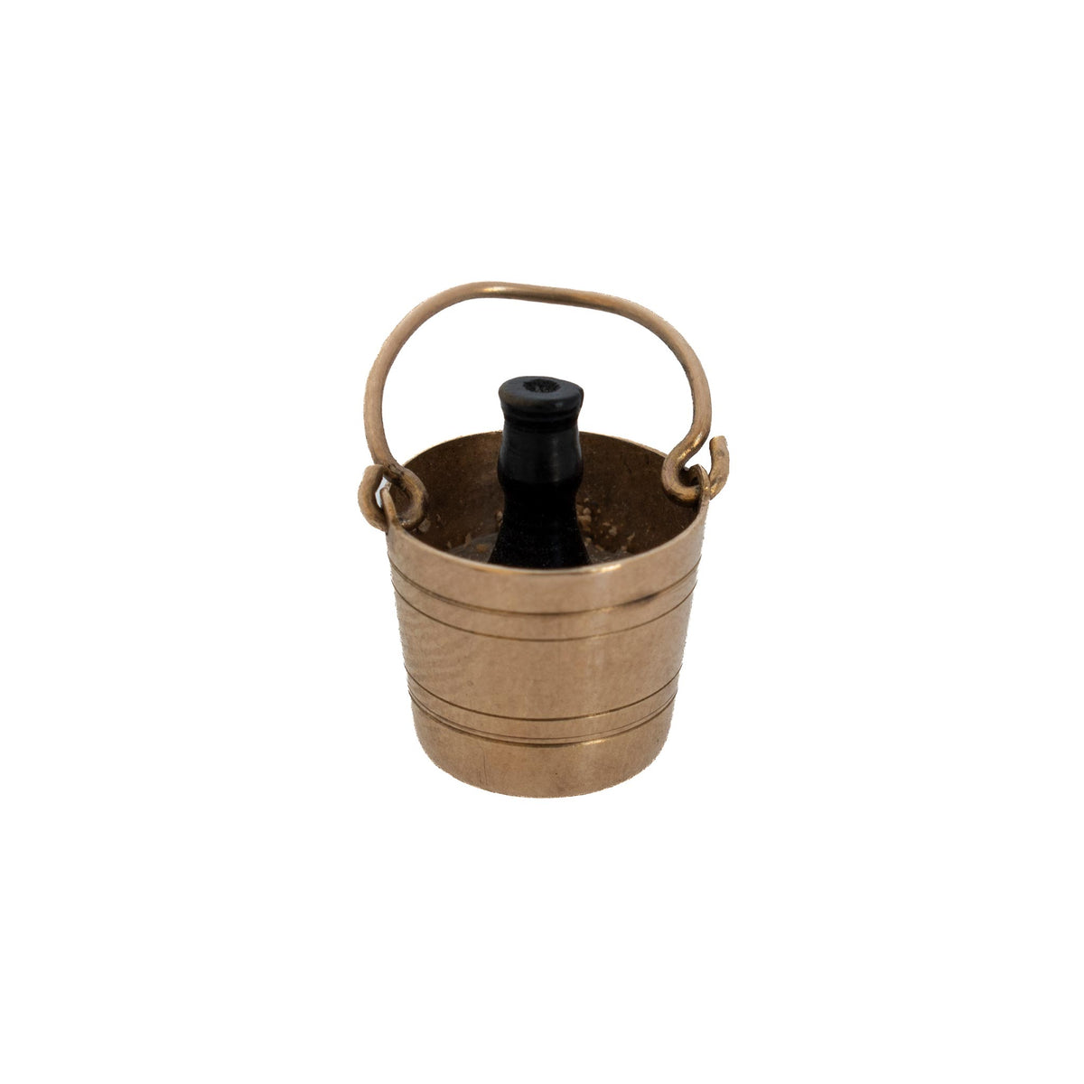 Vintage 9K yellow gold champagne bucket charm with a black bottle and raised handle on a white background.