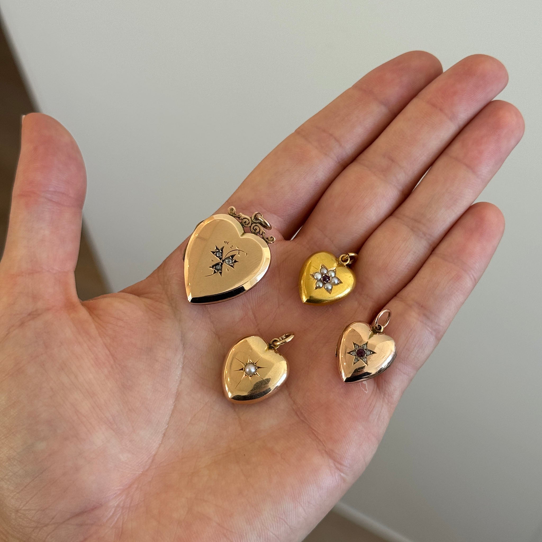 Vintage Seed Pearl 14K Gold Heart Pendant, Vintage Red Crystal & Seed Pearl 18K Gold Heart Pendant, Victorian Ruby & Diamond 9K Gold Heart Locket Pendant, Victorian Diamond 15K Gold Heart Locket Pendant