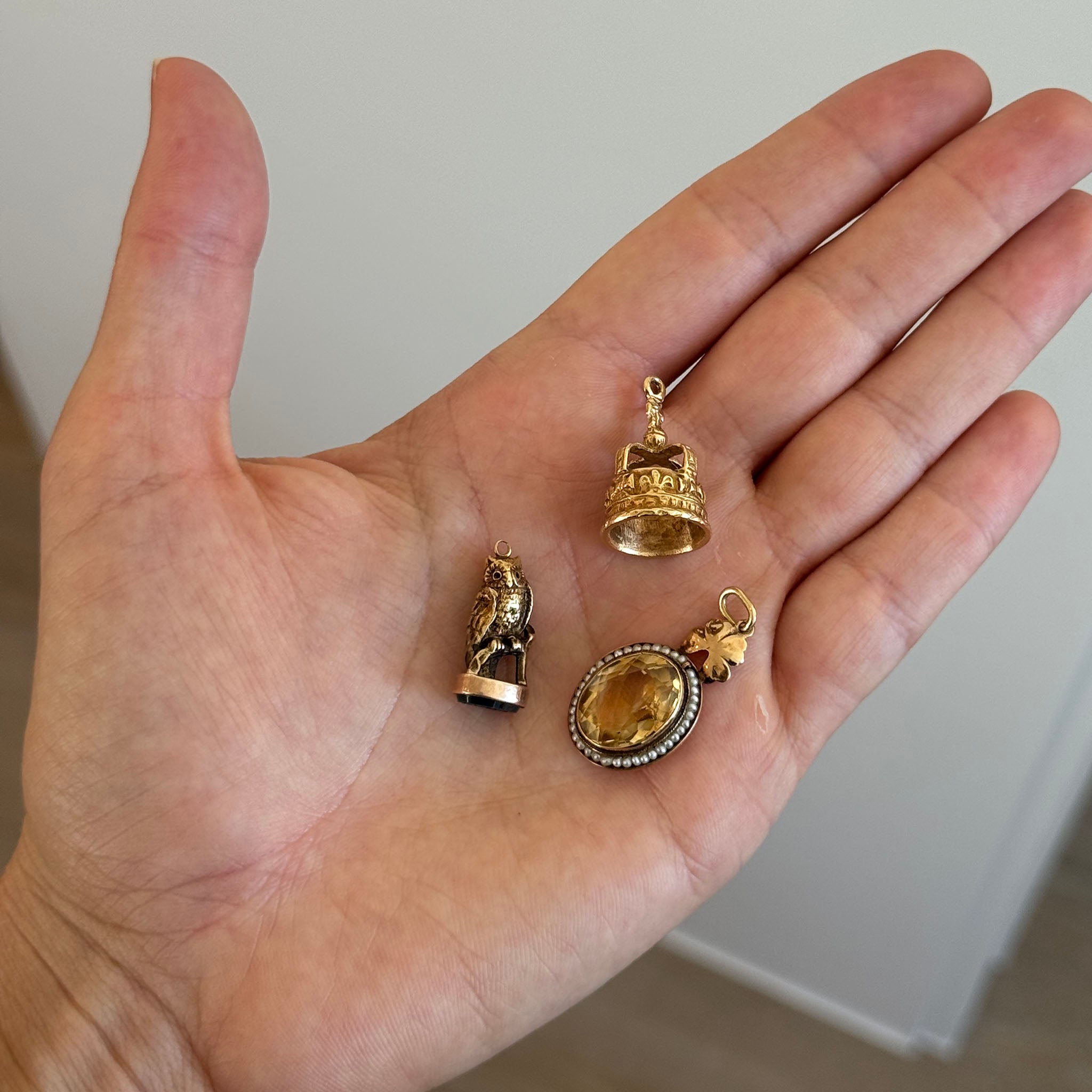 Victorian Citrine & Seed Pearl 14K Gold Pendant, Victorian Bloodstone Intaglio Seal 18K Gold Owl Fob Charm, Vintage 18K Yellow Gold Crown Charm