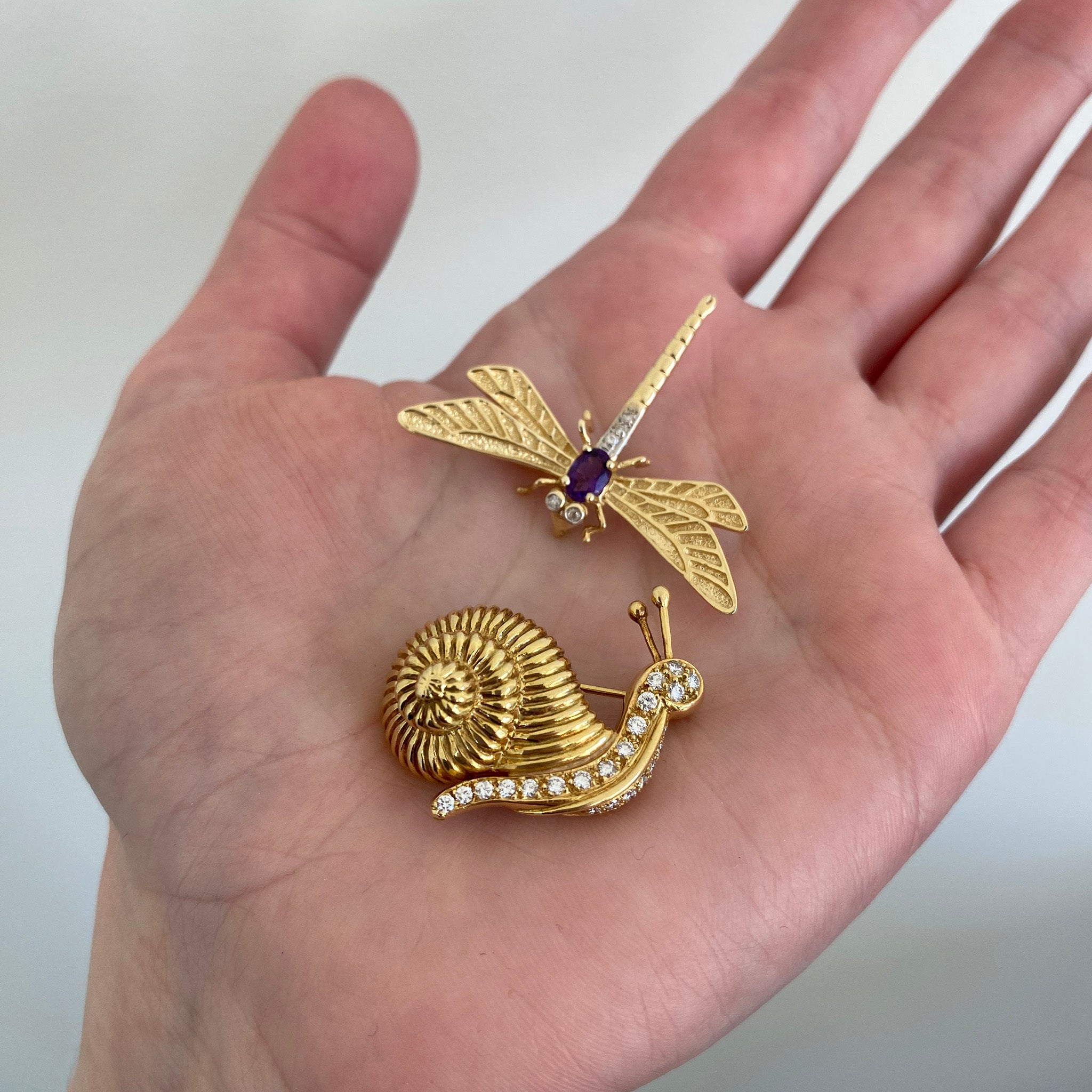 Vintage Amethyst & Diamond 14K Gold Dragonfly Pin/Pendant, Vintage Diamond 18K Gold Snail Brooch