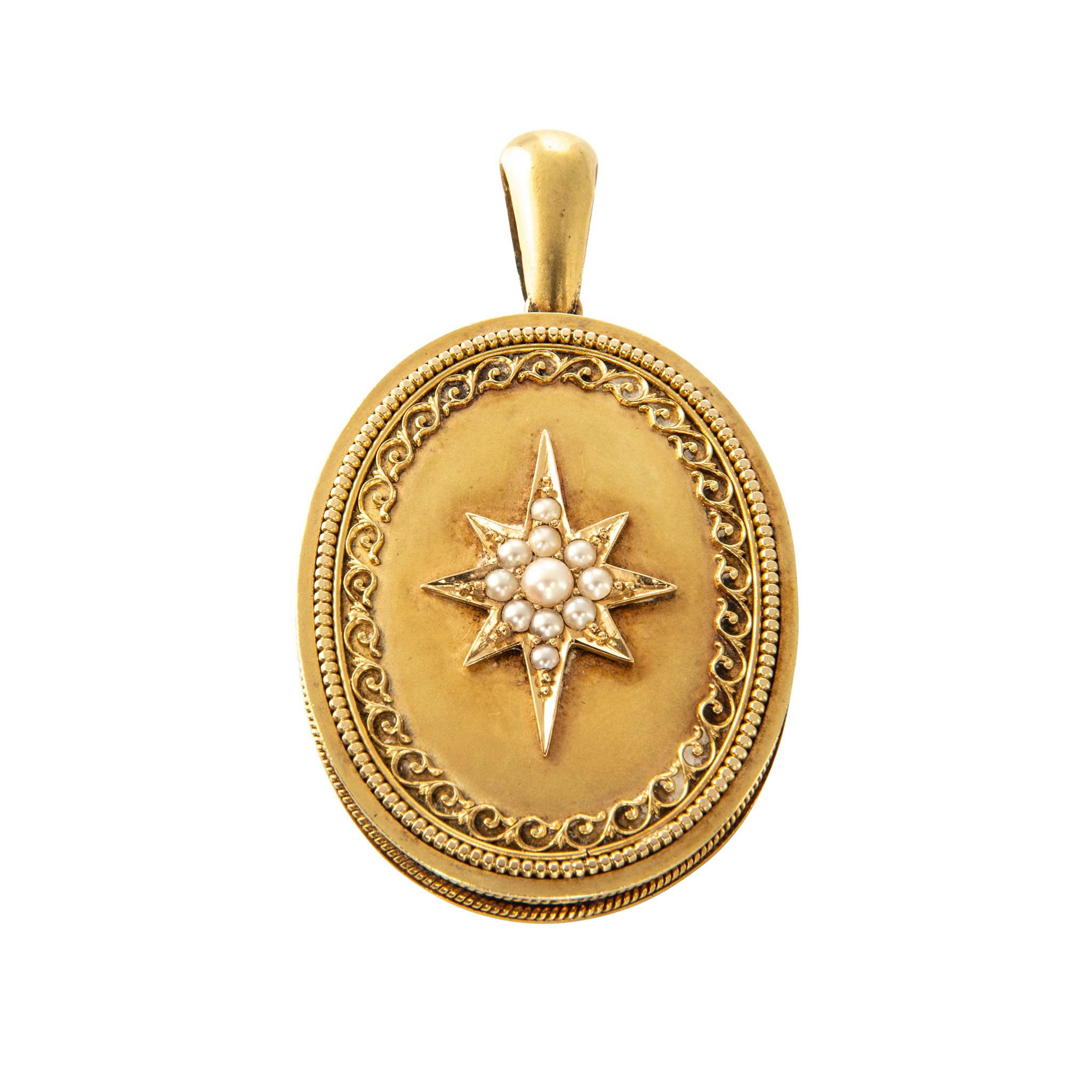 Victorian Pearl Starburst 15K Gold Oval Locket Pendant