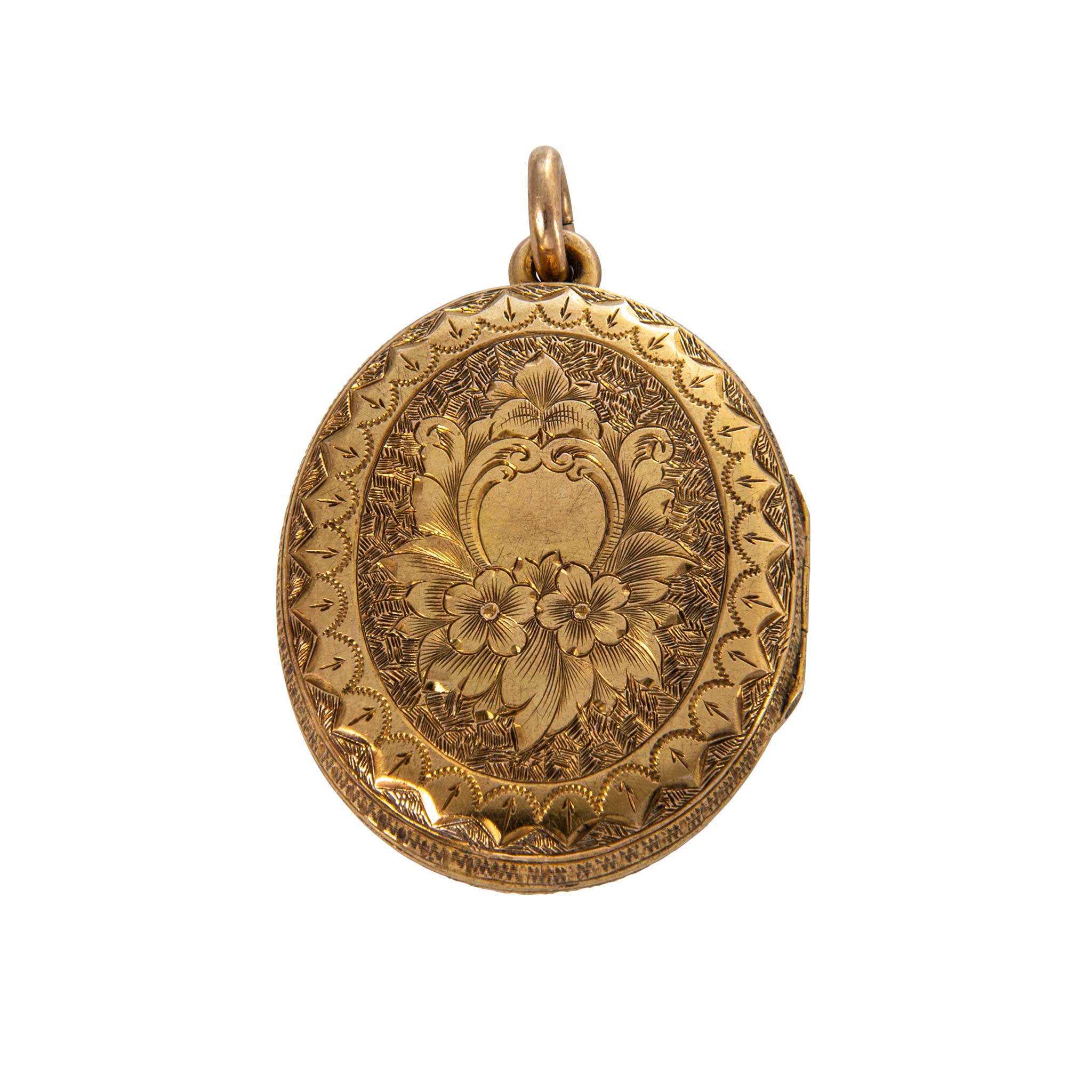 Victorian Back & Front Engraved 15K Gold Oval Locket Pendant
