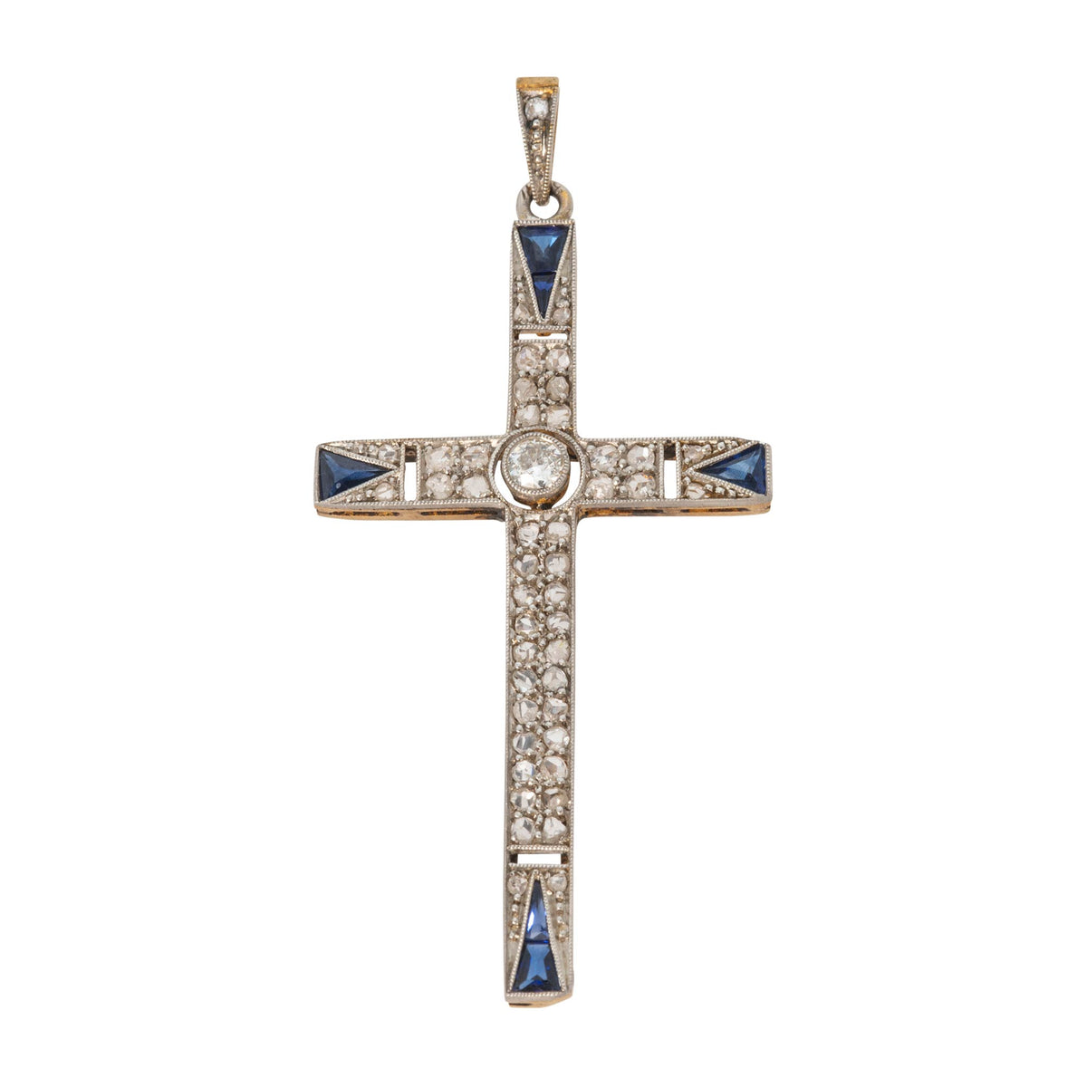 Art Deco Style Diamond & Sapphire Platinum 14K Gold Cross Pendant