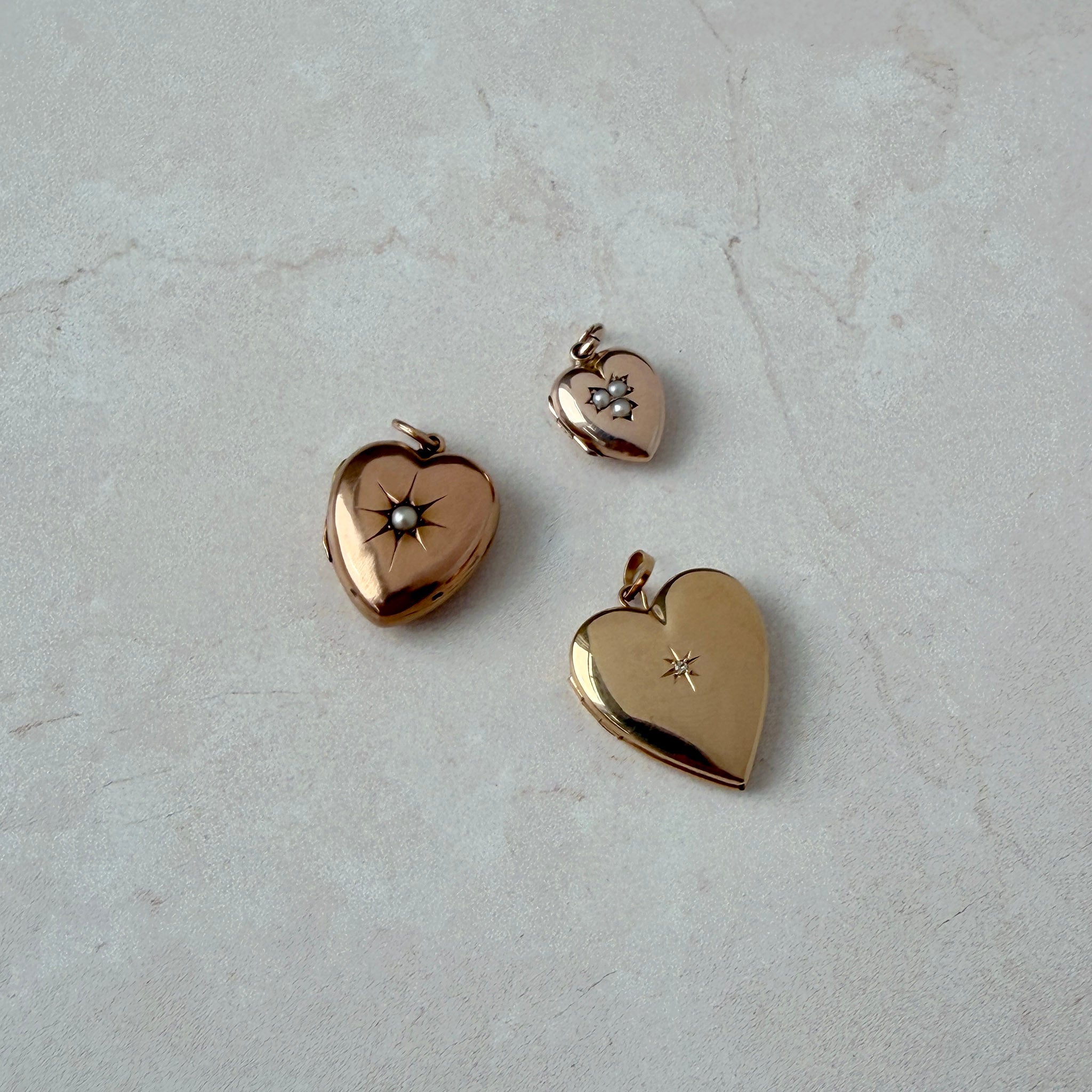 Estate Diamond 14K Yellow Gold Heart Locket Pendant, Victorian Style Pearl 9K Gold Puffy Heart Locket Pendant, Victorian Pearl Trio 10K Gold Puffy Heart Locket Pendant
