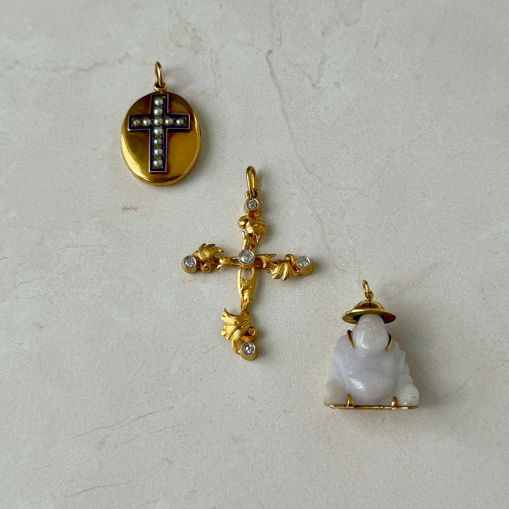 Victorian Pearl & Enamel Cross 14K Gold Oval Locket Pendant, Art Nouveau Style Old Mine Diamond 18K Gold Cross Pendant, Vintage Lavender Jade 14K Gold Buddha Pendant