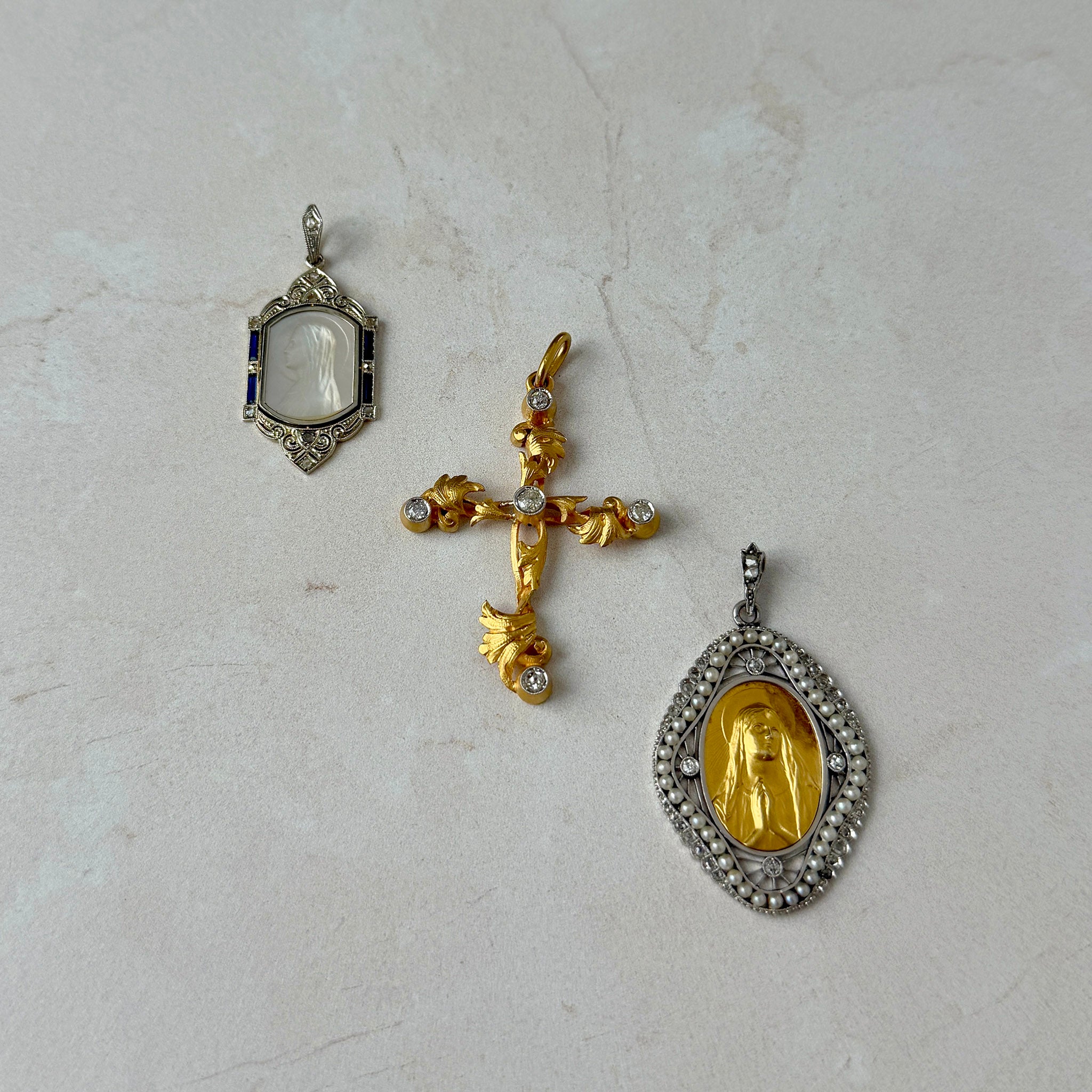 Antique Diamond & Seed Pearl Virgin Mary Pendant