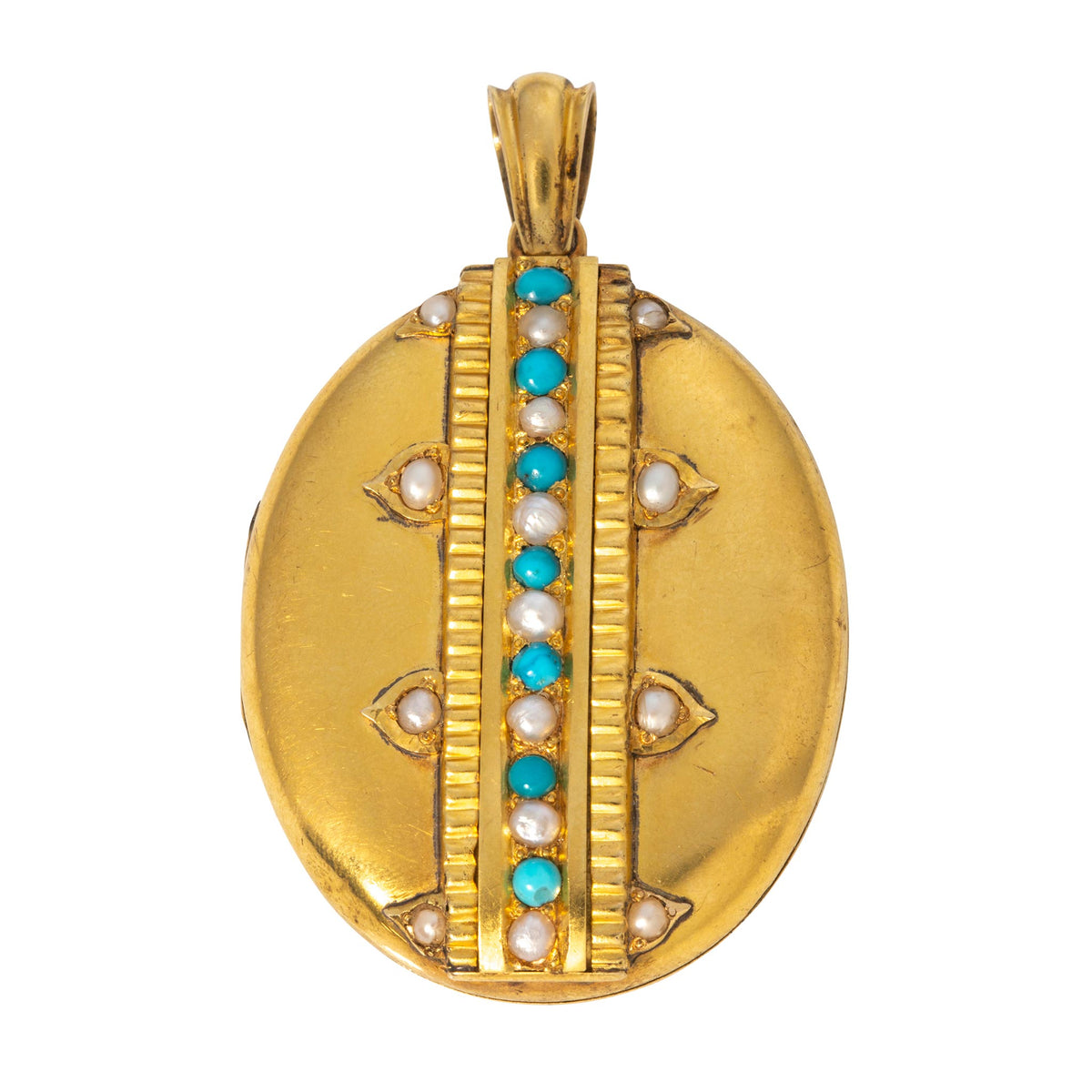 Victorian Seed Pearl & Turquoise 18K Gold Oval Locket Pendant