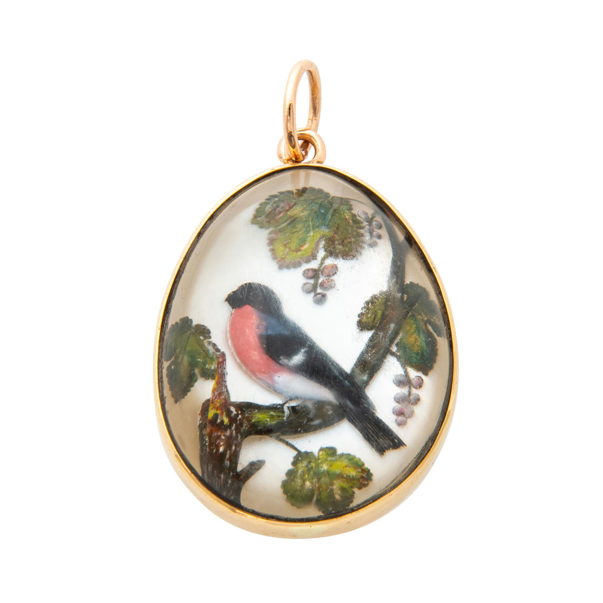 Victorian Style Essex Crystal Eurasian Bullfinch 18K Gold Pendant