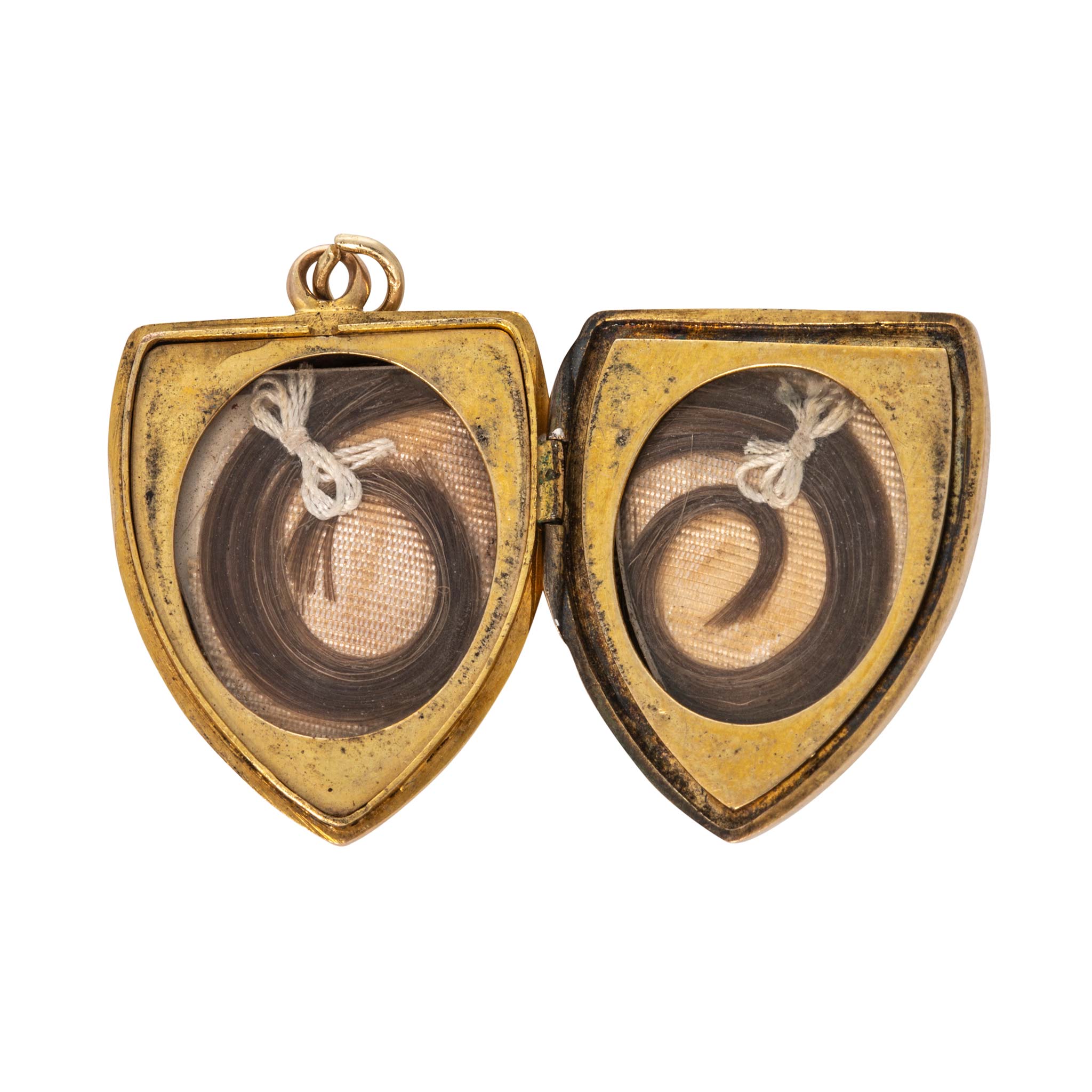 Victorian 15K Gold Shield Mourning Locket Pendant with Hair