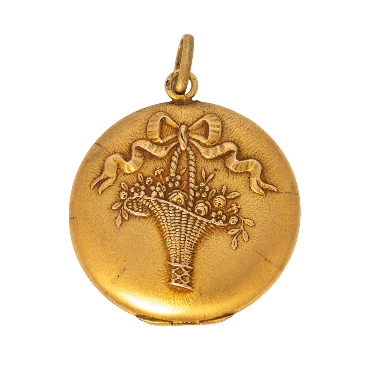Victorian 18K Gold Flower Basket Repoussé Round Locket Pendant