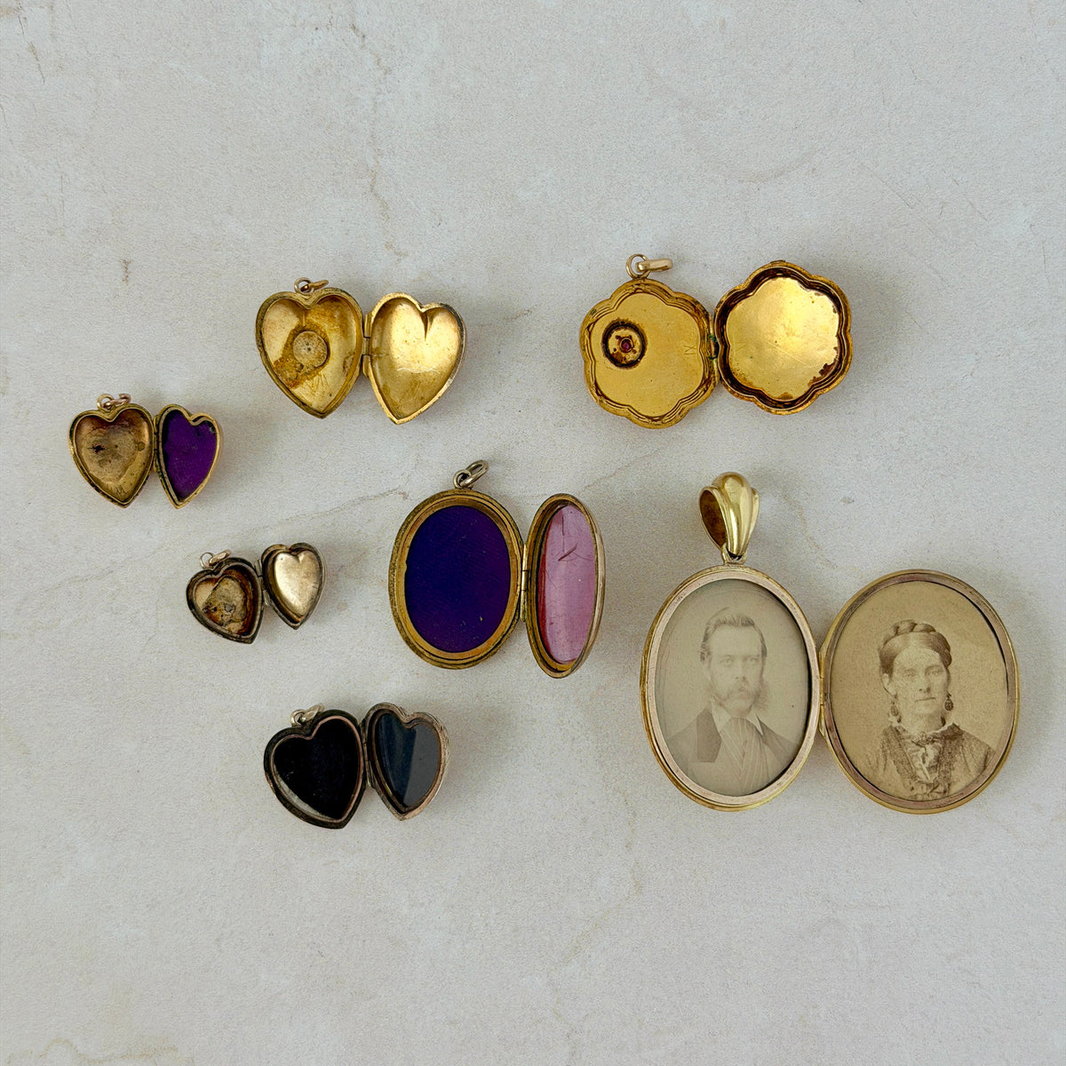 Edwardian Pearl Trio 15K Gold Puffy Heart Locket Pendant, Victorian Pearl 9K Gold Puffy Heart Locket Pendant, Victorian Pearl & Diamond Starburst 15K Gold Oval Locket Pendant, Victorian Pearl & Ruby Floral 18K Gold Locket Pendant