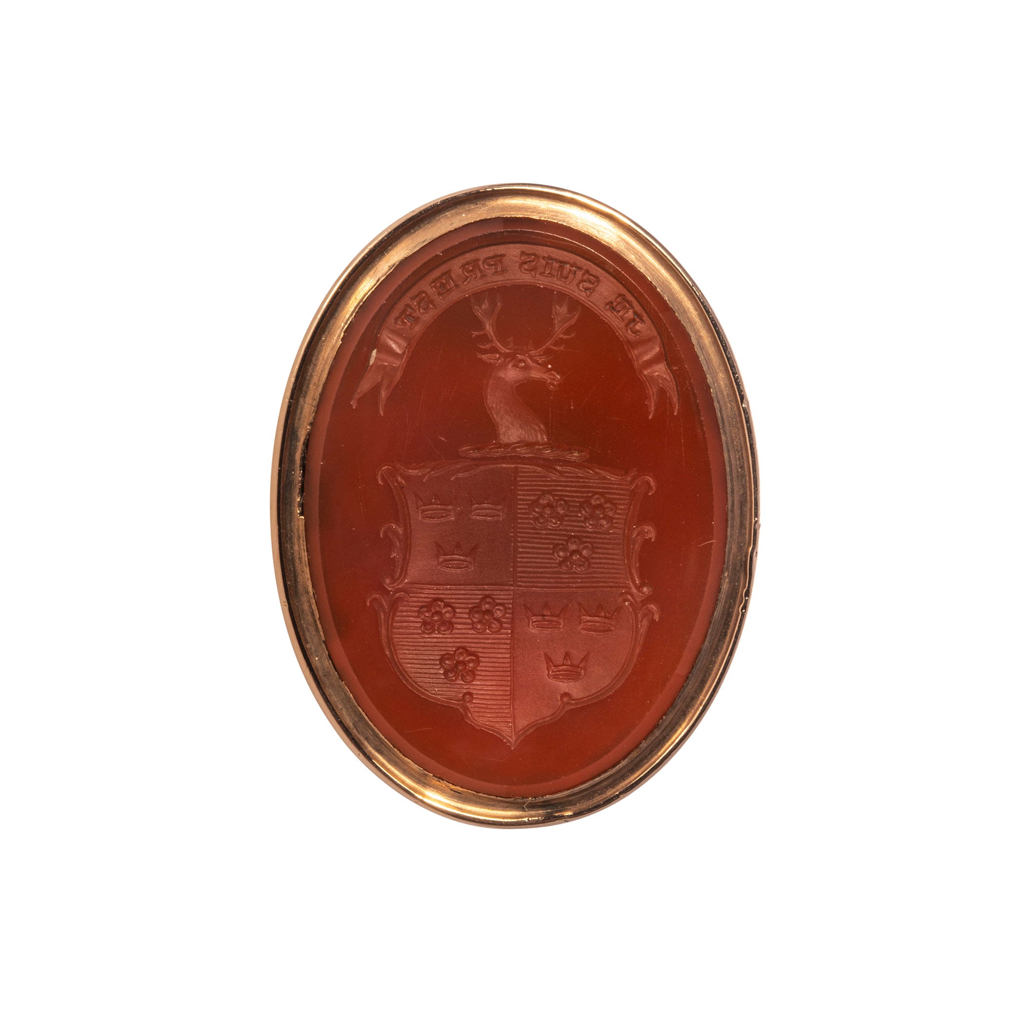 Victorian Carnelian Intaglio Seal “Je Suis Prest” 9K Gold Fob Pendant