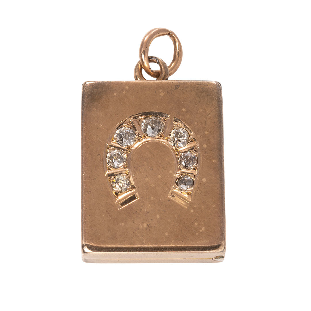 Victorian Diamond Horseshoe 9K Gold Rectangle Locket