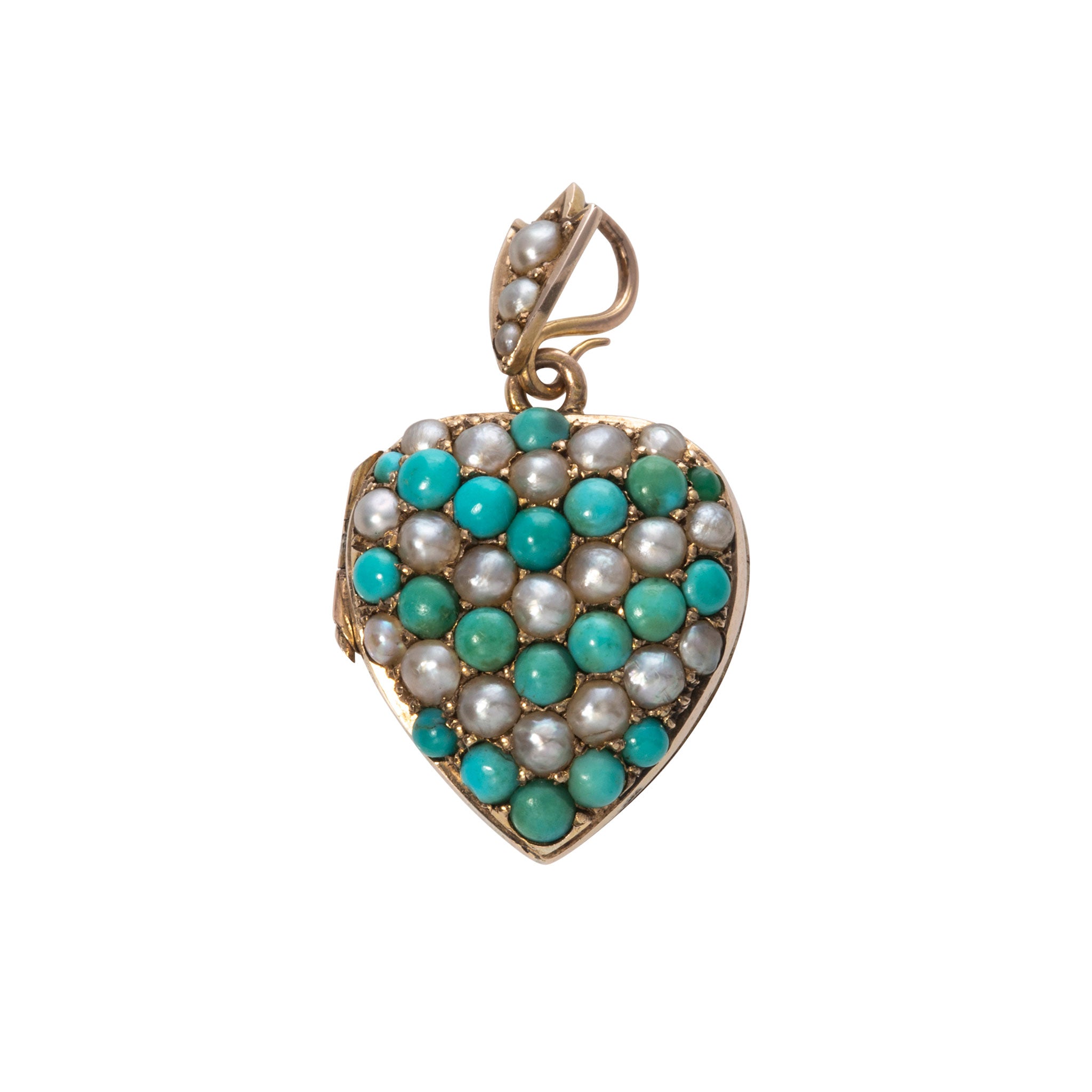 Victorian Turquoise & Seed Pearl 9K Gold Heart Locket Pendant