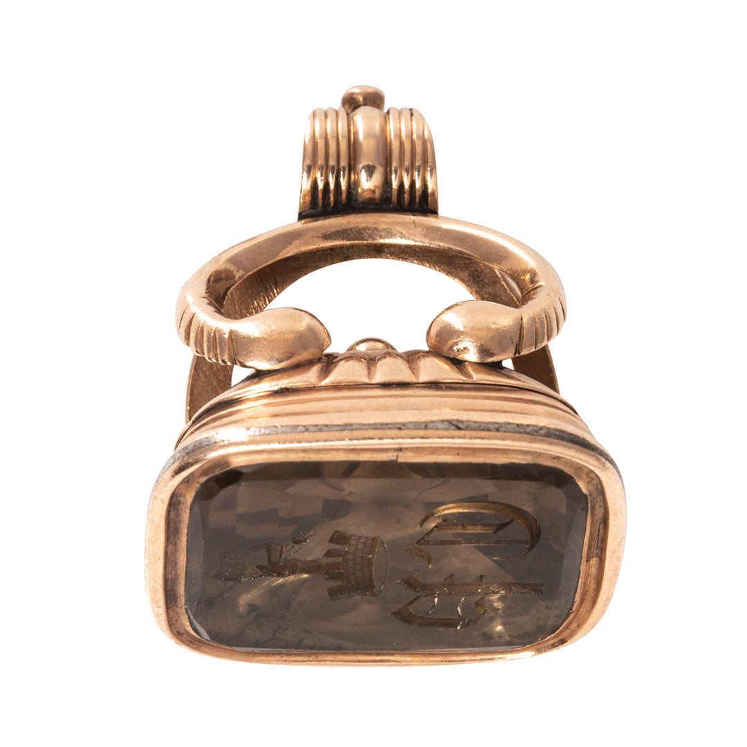 Victorian Smoky Quartz Intaglio Seal 10K Gold Fob Pendant