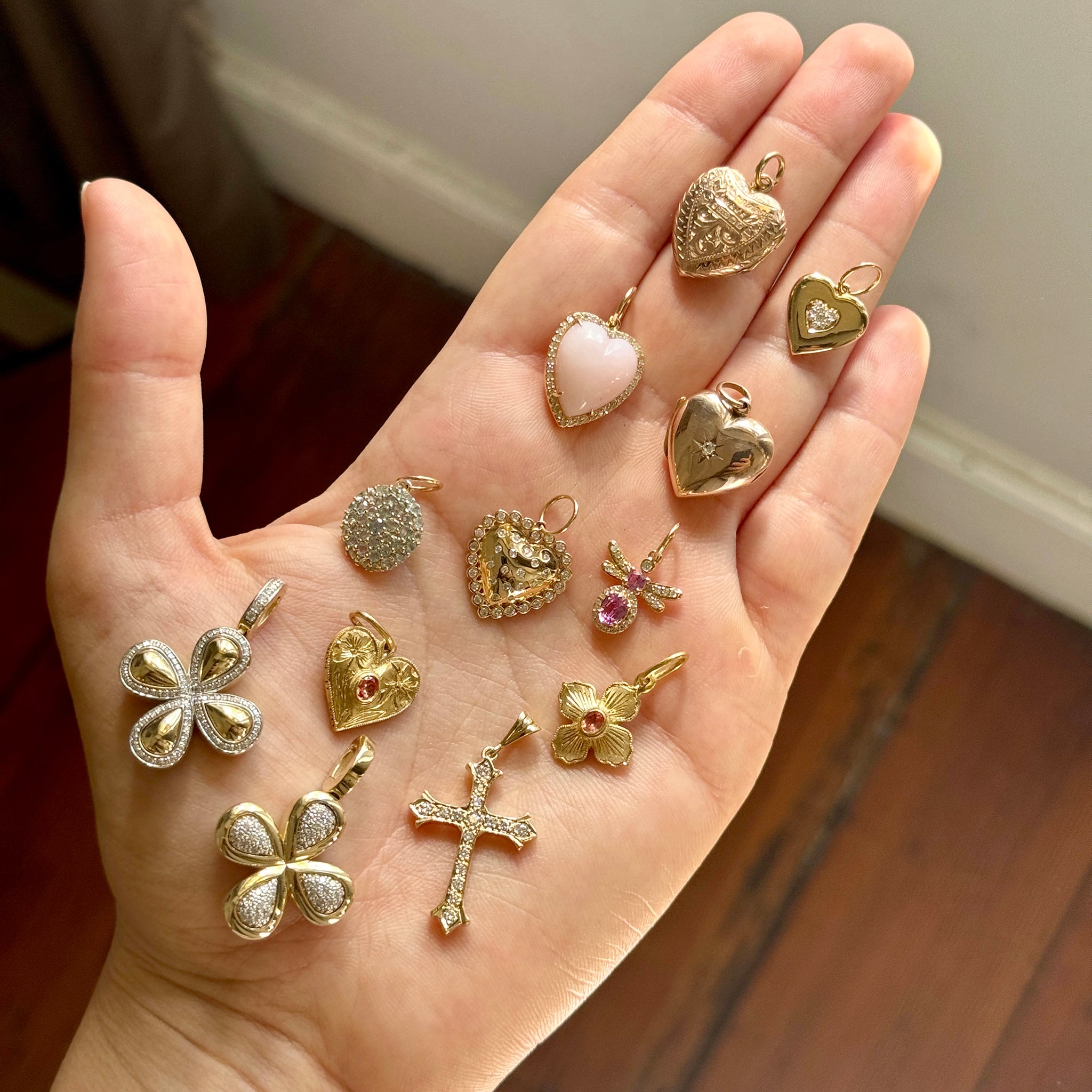Victorian Diamond 9K Gold Puffed Heart Locket Charm, Edwardian 10K Gold Back & Front Heart Locket Charm, Diamond PavĂŠ Cluster 14K Yellow Gold Heart Charm, Pink Opal Heart & Diamond 14K Gold Pendant, Pink Sapphire & Diamond 14K Yellow Gold Bug Charm, 18K Gold Hand Engraved Medium Heart Pink Sapphire Charm, .33ctw Diamond 14K Yellow Gold Cross Pendant, The Mary PavĂŠ Diamond Quad Pendant