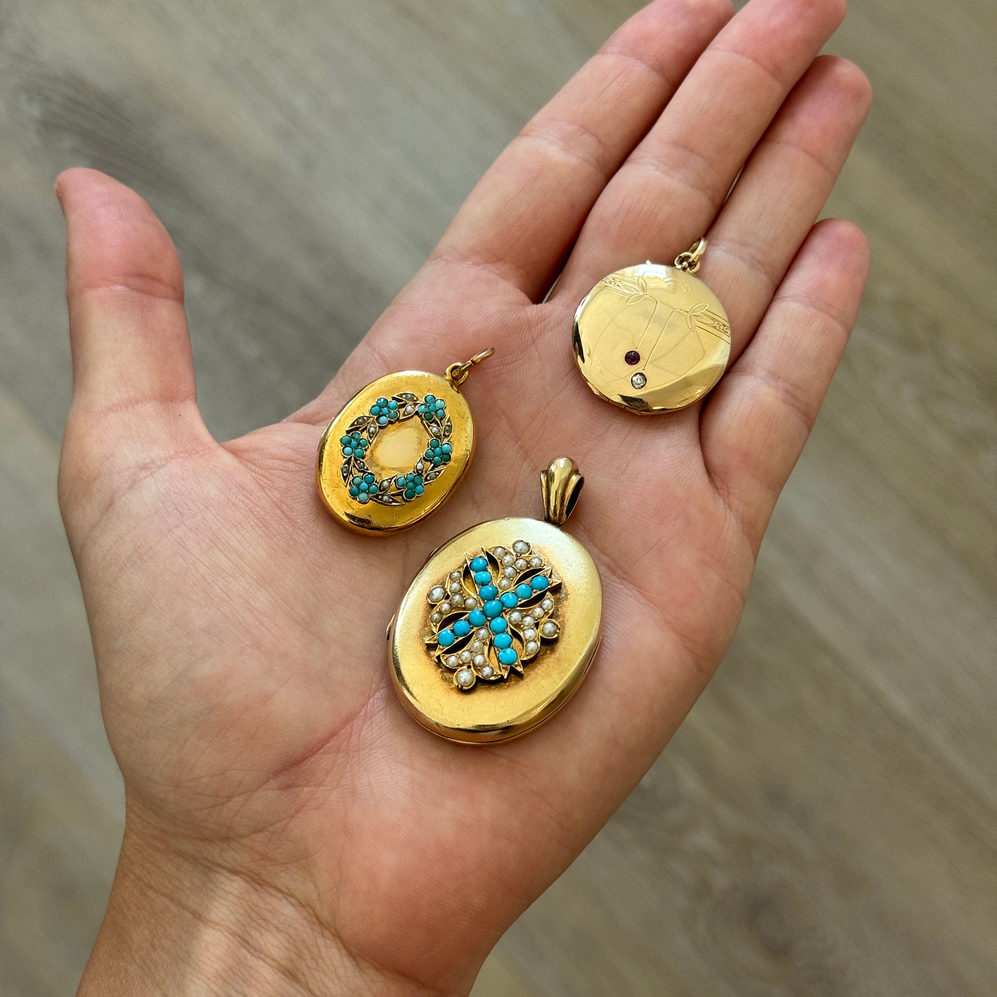 Victorian Floral Turquoise & Seed Pearl 14K Gold Oval Locket Pendant