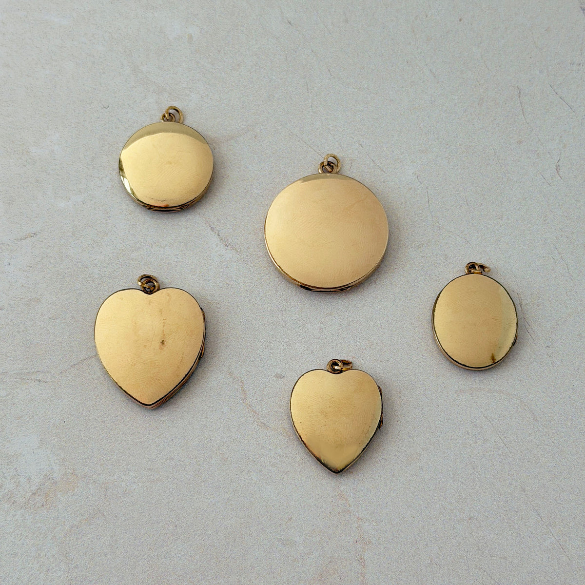 Estate Plain Gold-Filled Heart Locket Pendants, Estate Plain Gold-Filled Oval Locket Pendant, Estate Plain Gold-Filled Round Locket Pendants