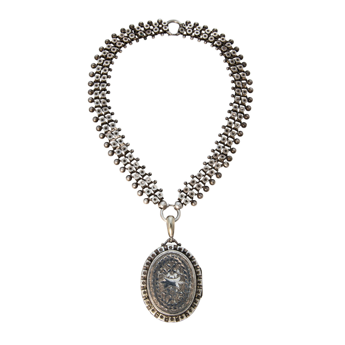 Victorian 'Star-Spangled' Silver Oval Locket Pendant Collar Necklace
