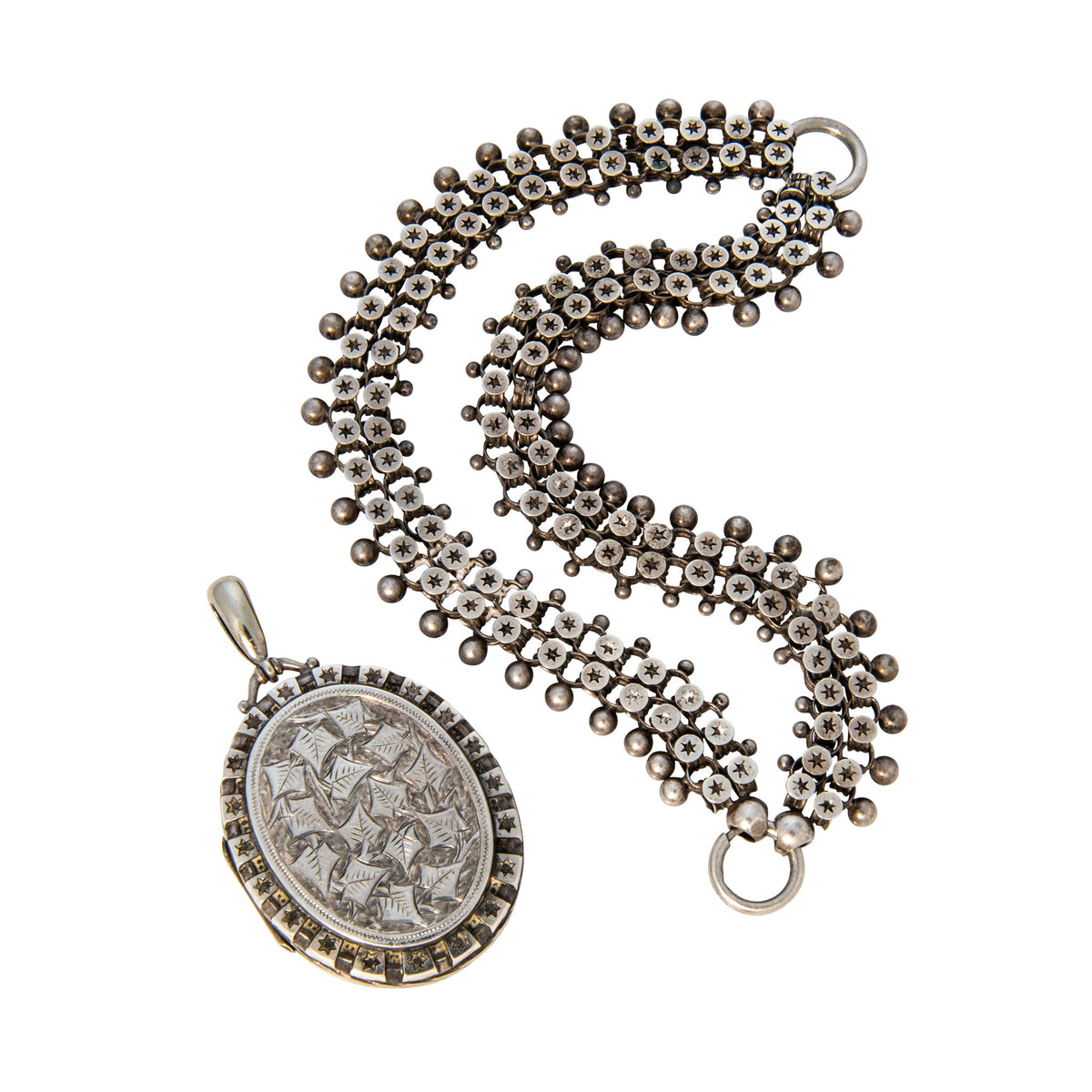 Victorian 'Star-Spangled' Silver Oval Locket Pendant Collar Necklace