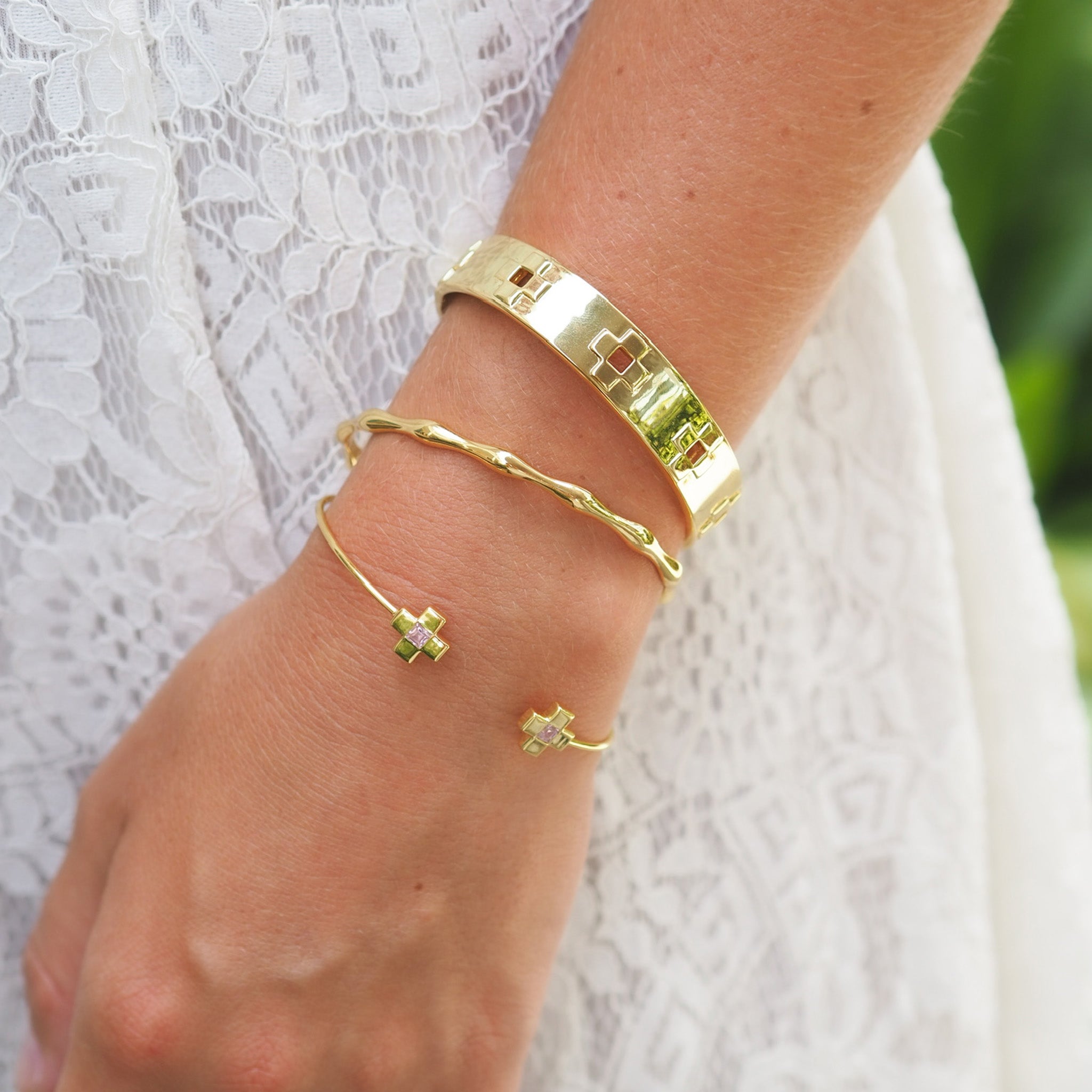 Goldbug Collection Wide Cross Bangle, Bamboo Cuff, Cross Cuff