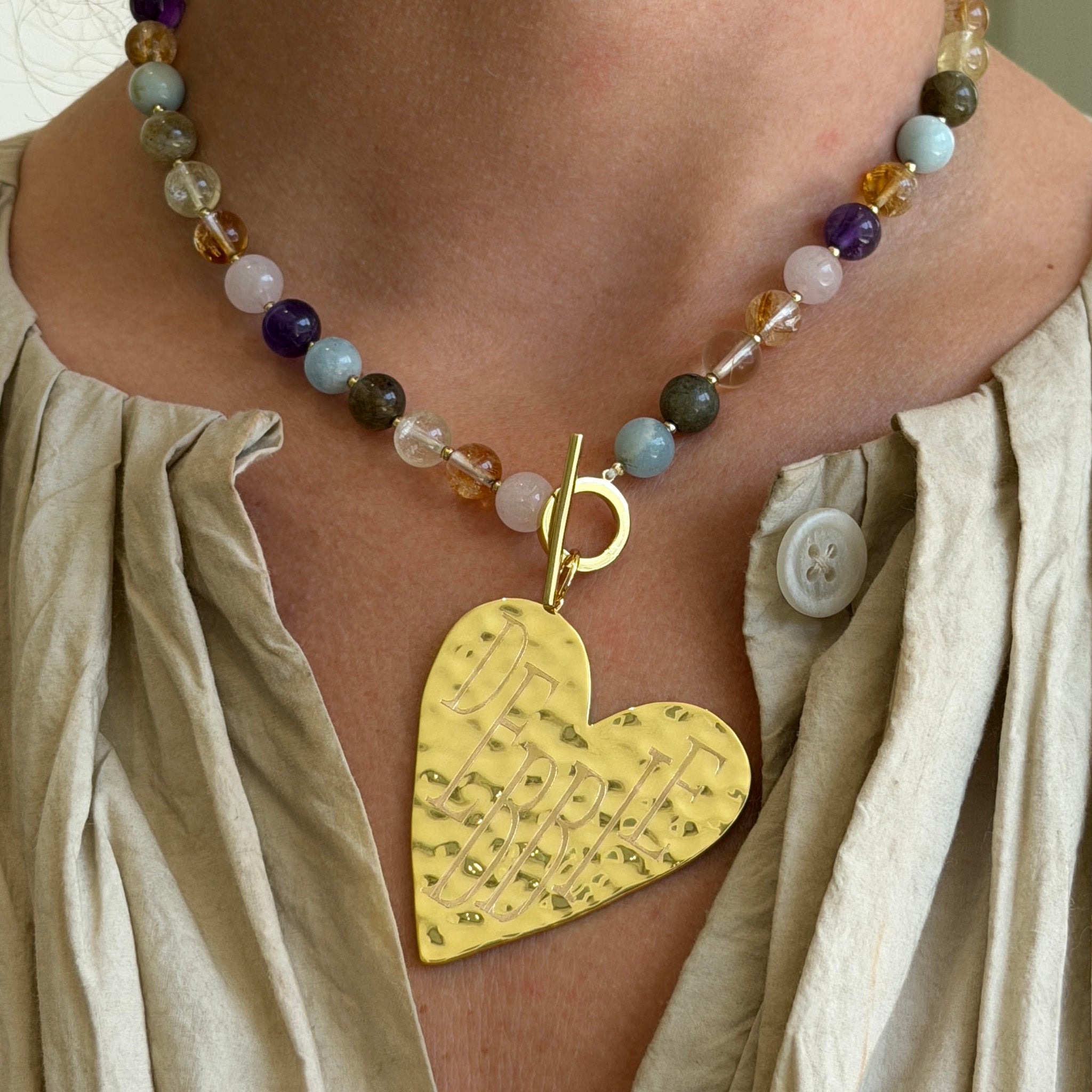 Goldbug Collection Large Hammered Heart with machine engraved name on gemstone bead necklace