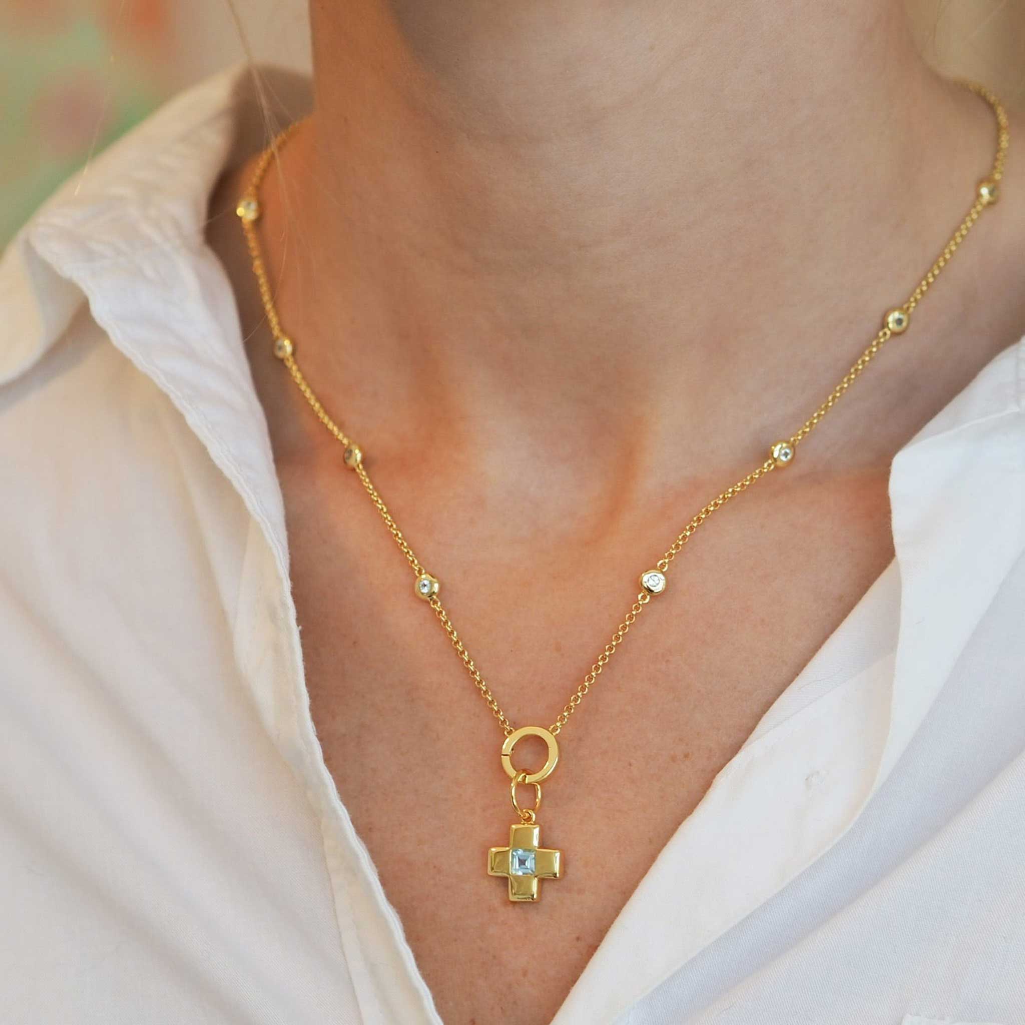 Goldbug Blue Topaz Cross Charm, Goldbug Blue Topaz Bezel Charm Necklace
