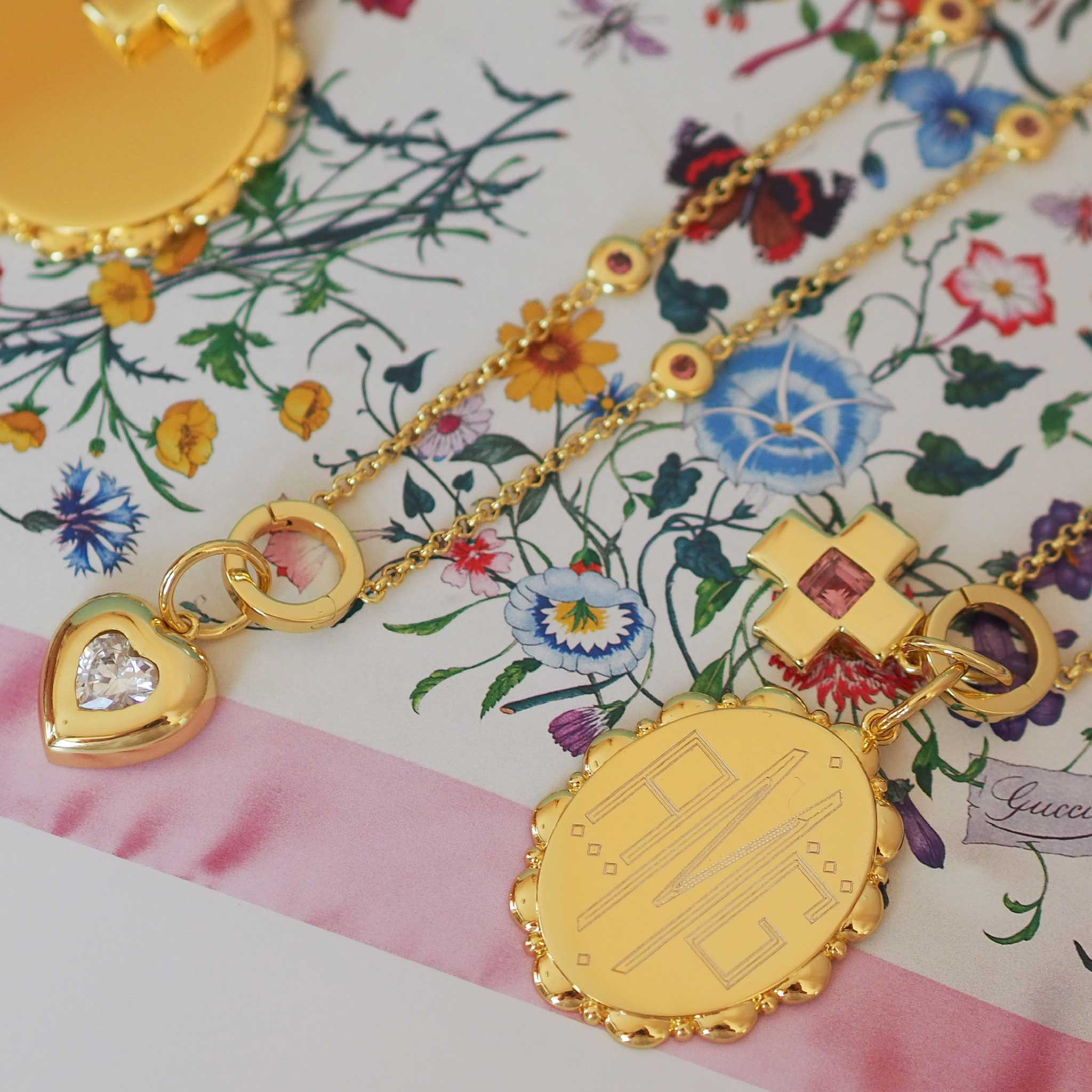 Goldbug Collection Oval Dot & Dash Pendant, CZ Puffy Heart Charm, Pink Tourmaline Cross Charm, Pink Tourmaline Bezel Charm Necklace