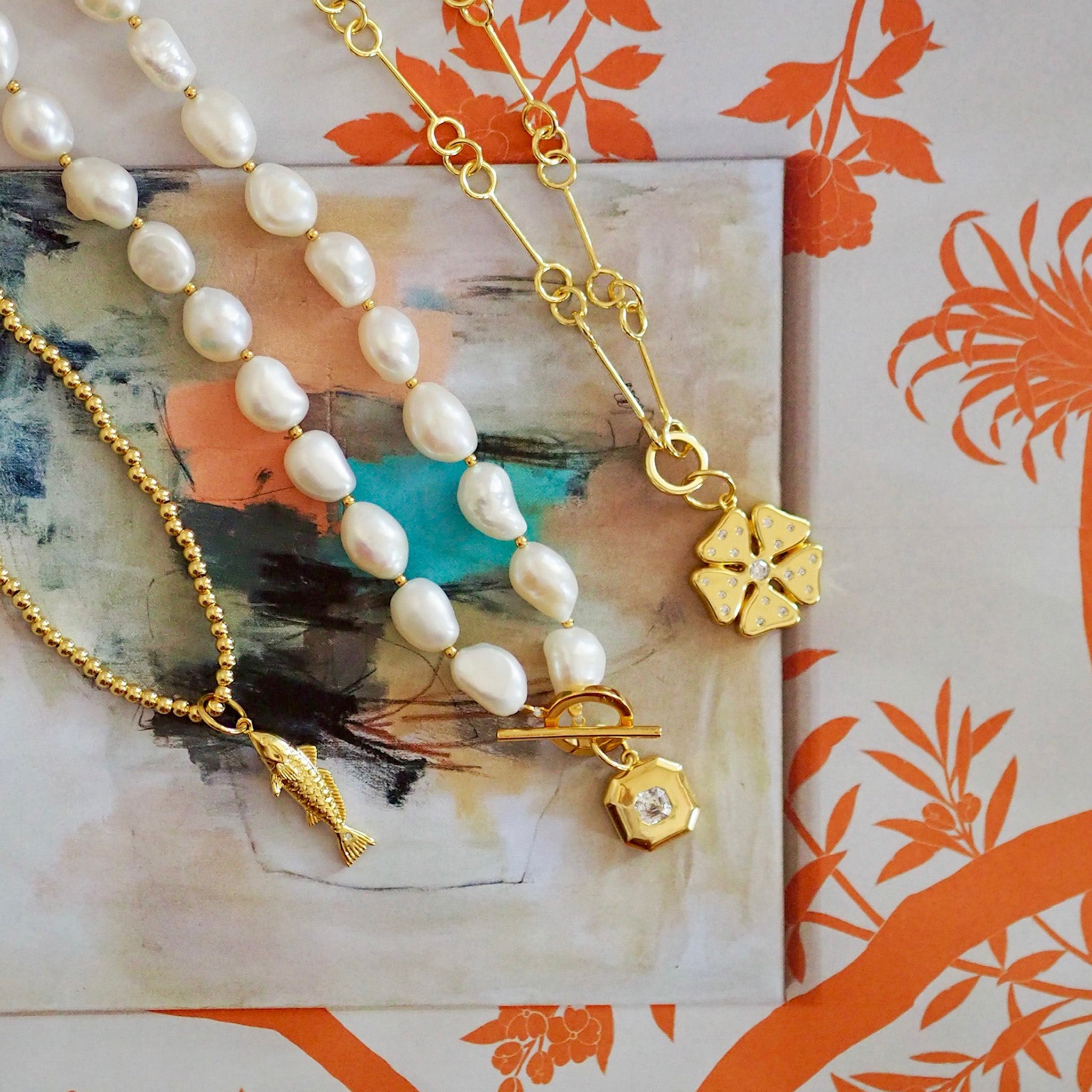 Goldbug Collection Redfish, Cut Corner, Flower Charms and chains