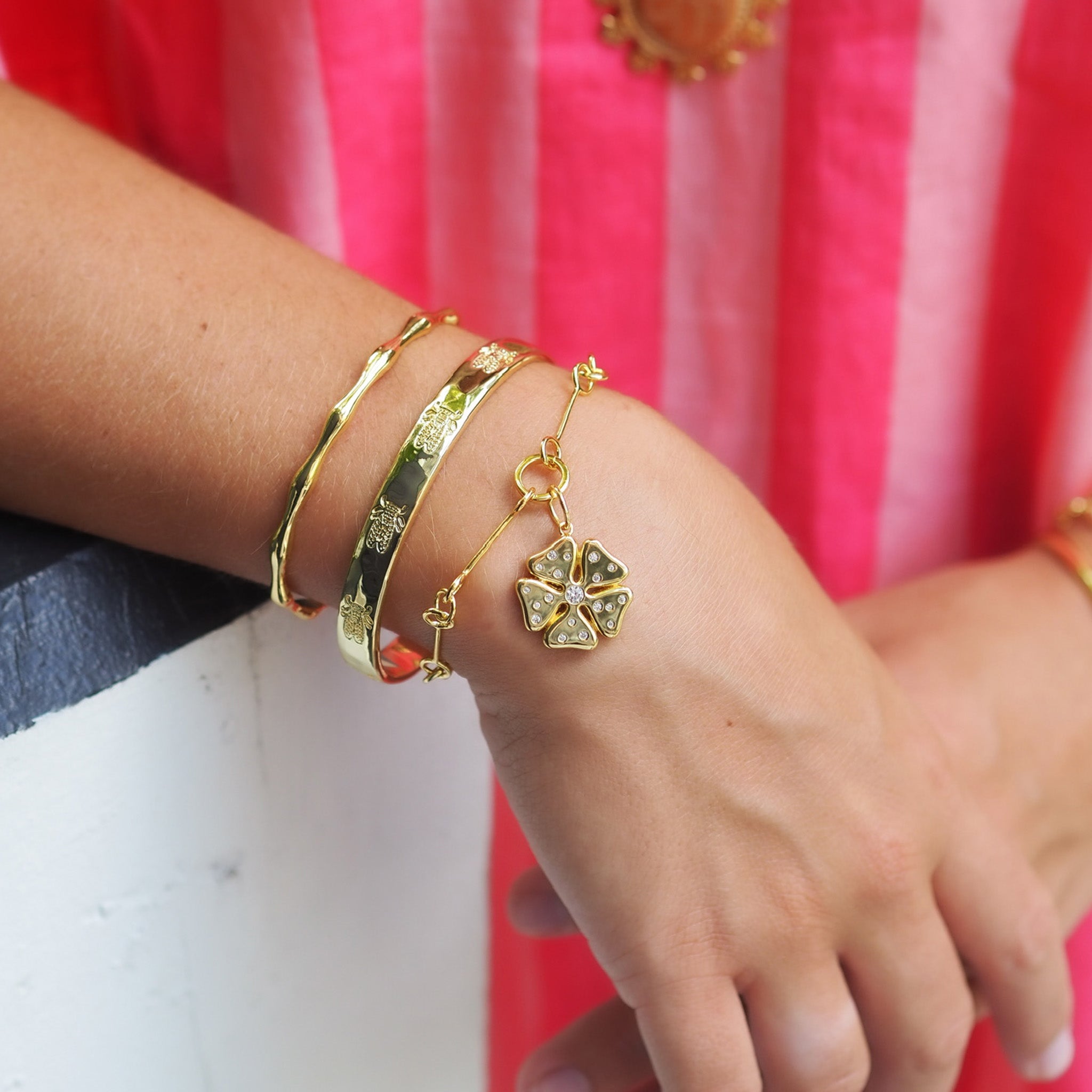Goldbug Collection Flower Charm, Petite Wishbone Bracelet, Love Train Cuff, Bamboo Bangle