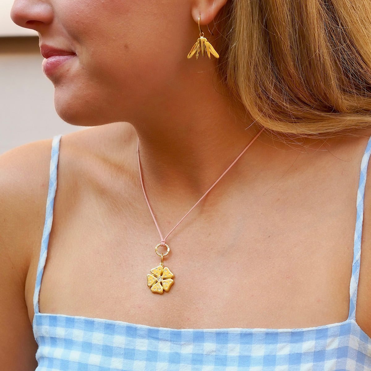 Goldbug Collection Flower Charm, Charm Clasp Waxed Cord Necklace, Shrimp Tail Drop Earrings