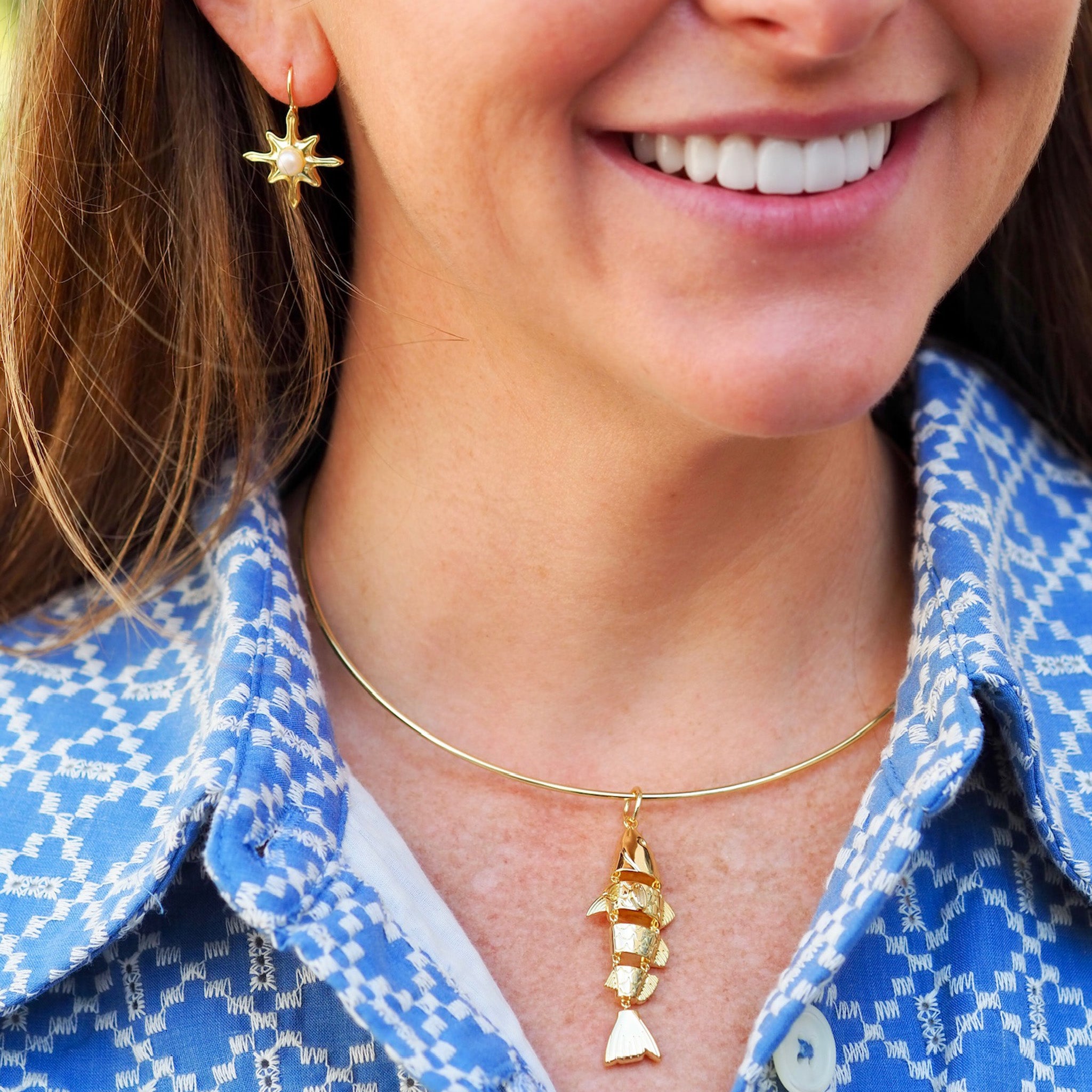 Goldbug Collection Freshwater Pearl Seastar Drop Earrings, Rhett Collar, Hinge Fish Charm