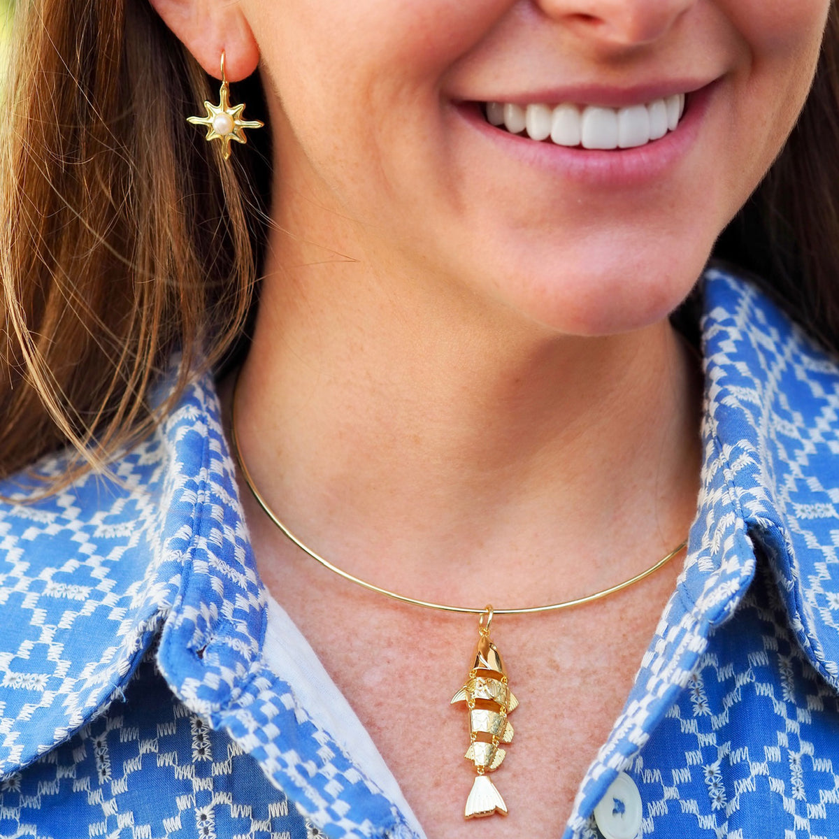 Goldbug Collection Freshwater Pearl Seastar Drop Earrings, Rhett Collar, Hinge Fish Charm