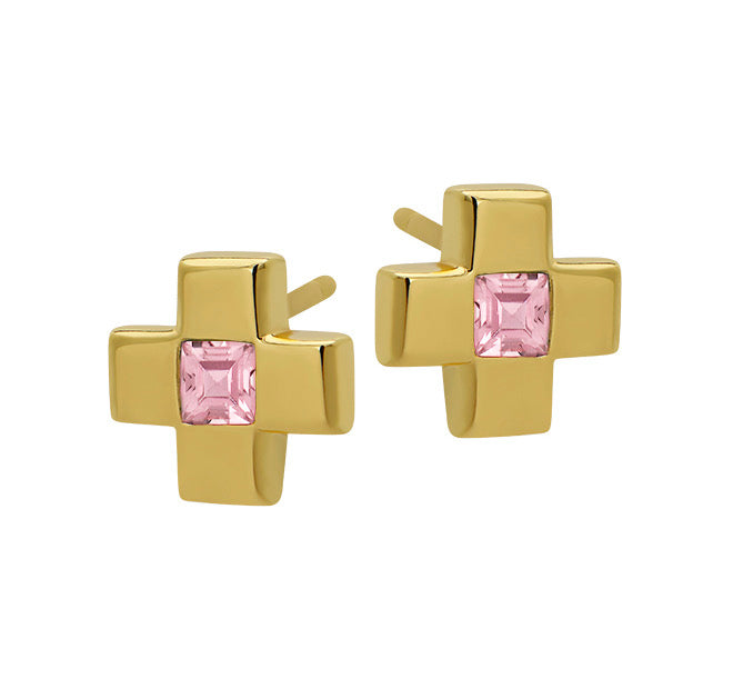 Goldbug Pink CZ Cross Stud Earrings