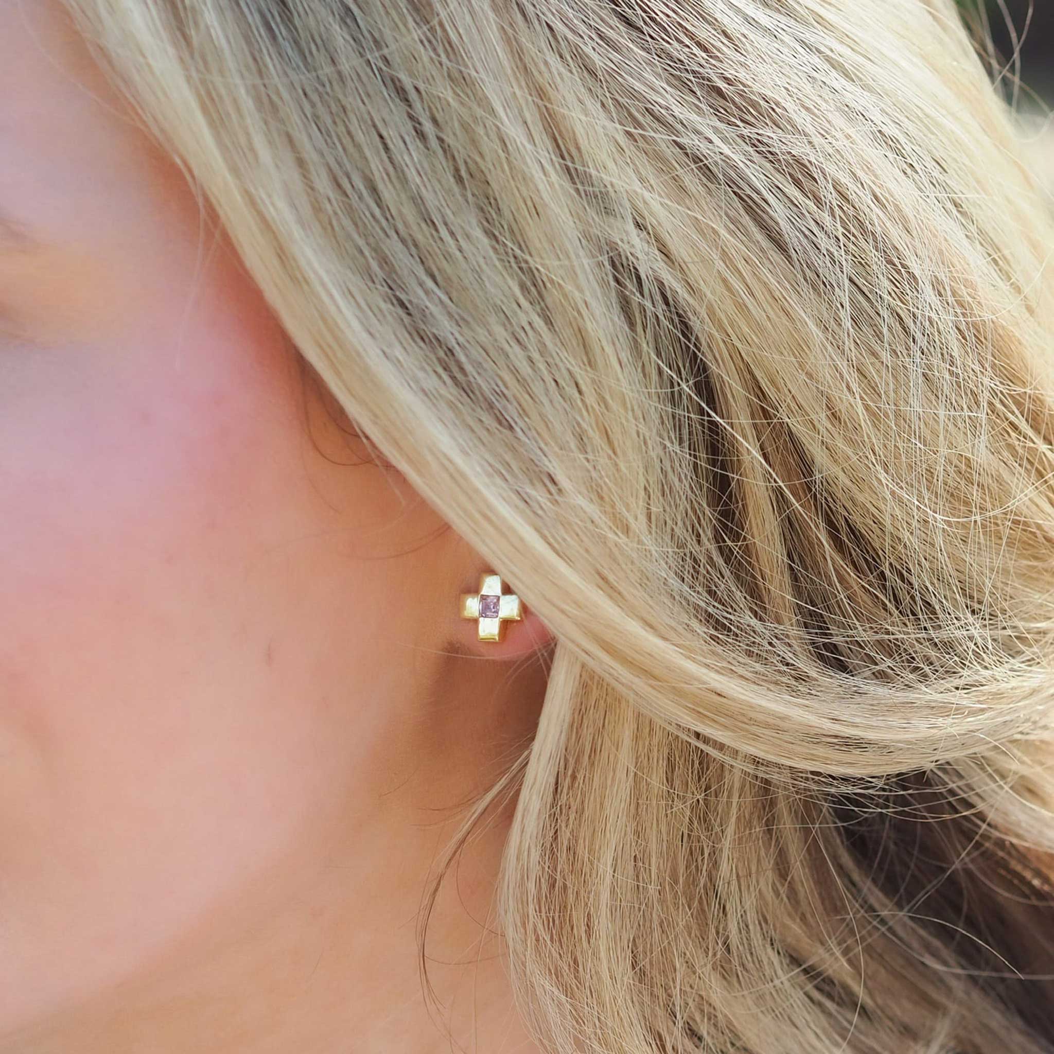 Goldbug Pink CZ Cross Stud Earrings