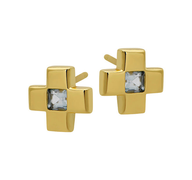 Goldbug Blue Topaz Cross Stud Earrings