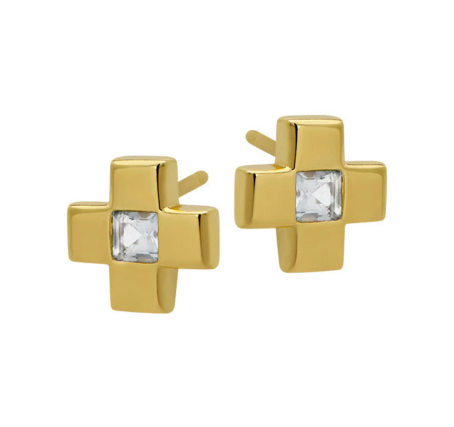 Goldbug White Topaz Cross Stud Earrings