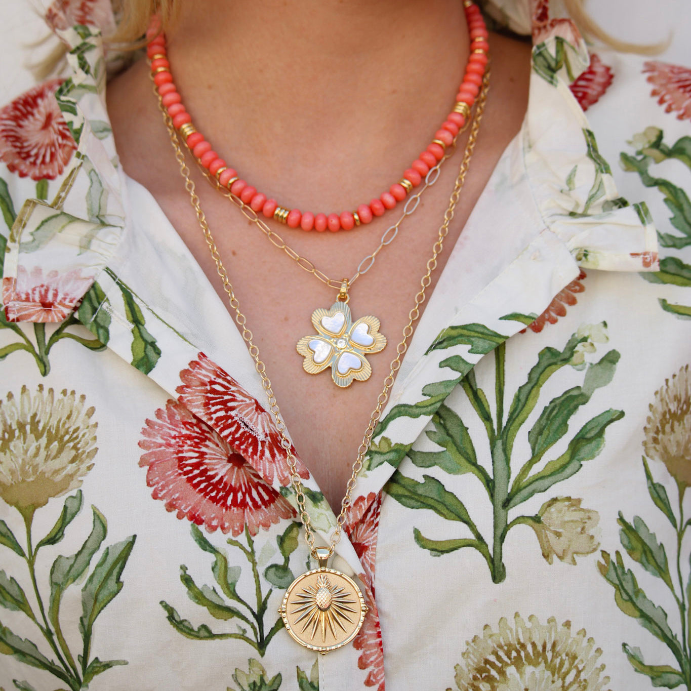 Jane Win Coral Gumdrop Beaded Necklace 16", Jane Win LUCKY in Love Mother of Pearl Clover Pendant Necklace, Jane Win CHARLESTON Original Coin Pendant Necklace