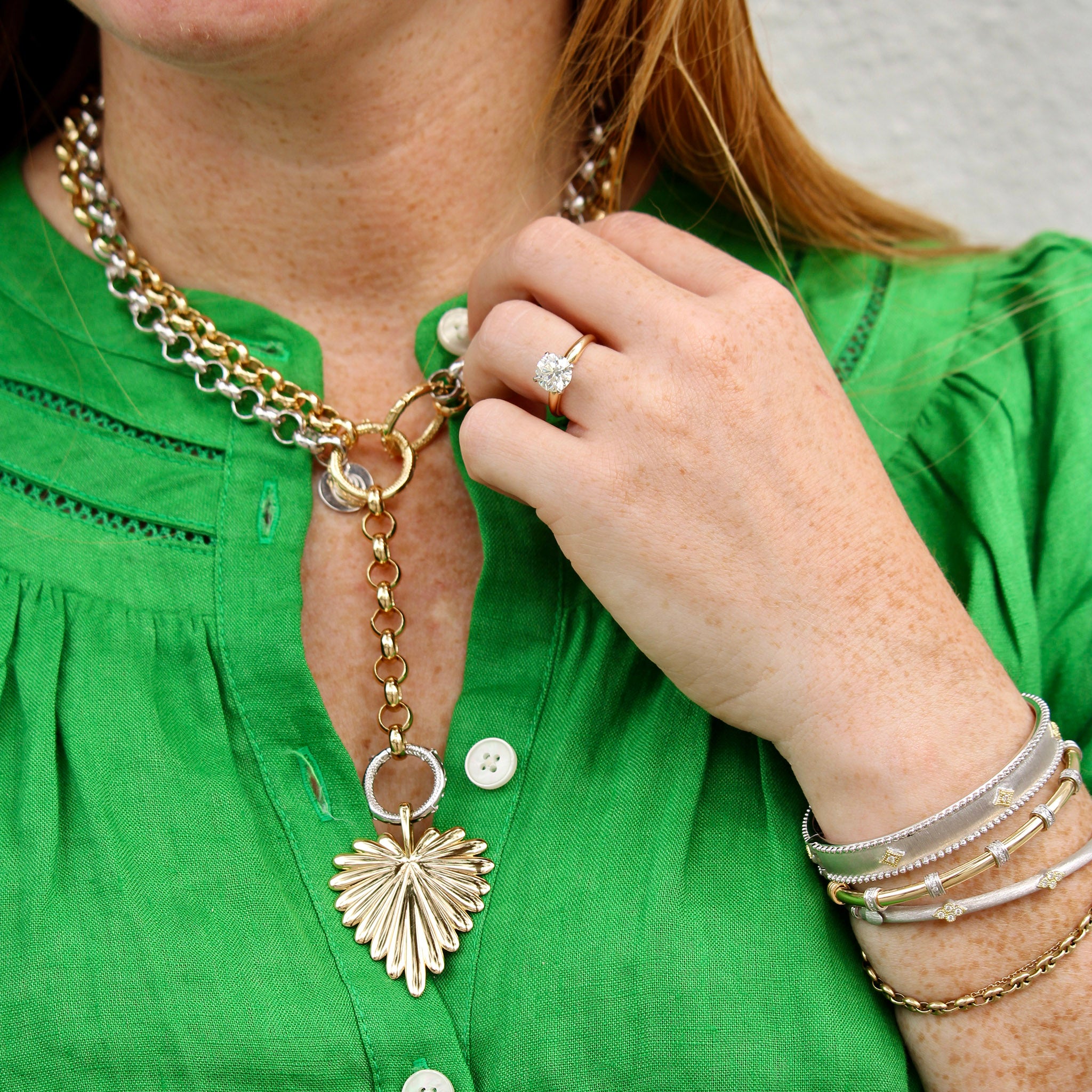 Round Diamond Solitaire 14K Gold Engagement Ring, Jane Win Lariat Multi-Style Rolo Chain, Jude Frances Mixed Metal Narrow Nina Beaded Kite Cuff, Diamond 14K Gold Two-Tone Memory Cuff