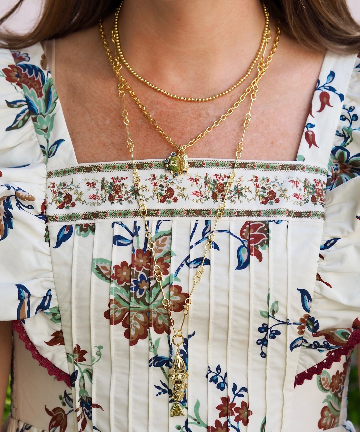 Goldbug Collection Beaded Ball Necklace, Petite Wishbone Chain Necklace, Hinged Fish Charm