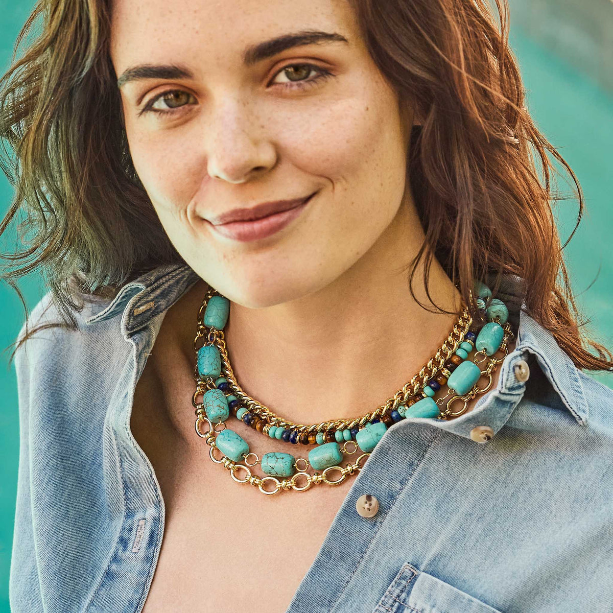 Jane Win Shoreline Mix Gumdrop Beaded Necklace 16", Jane Win Petite Curb Chain with Malachite Bead 16"