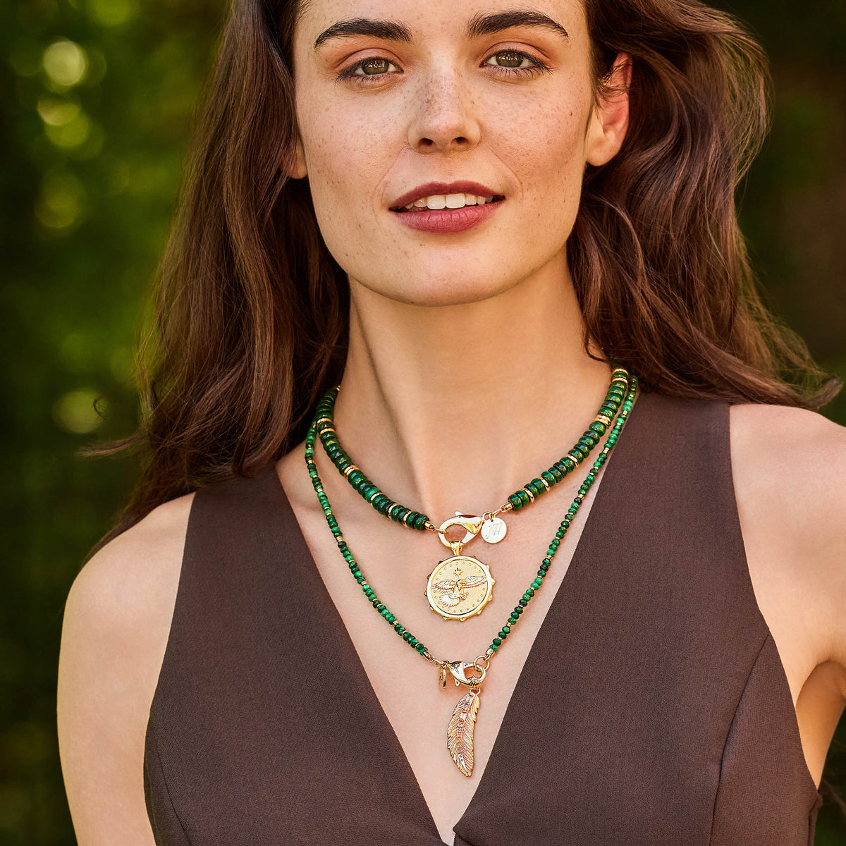 Jane Win Double Wrap Diamond-Cut Malachite & Gold Beaded Necklace 32", Malachite Beaded Necklace 16"