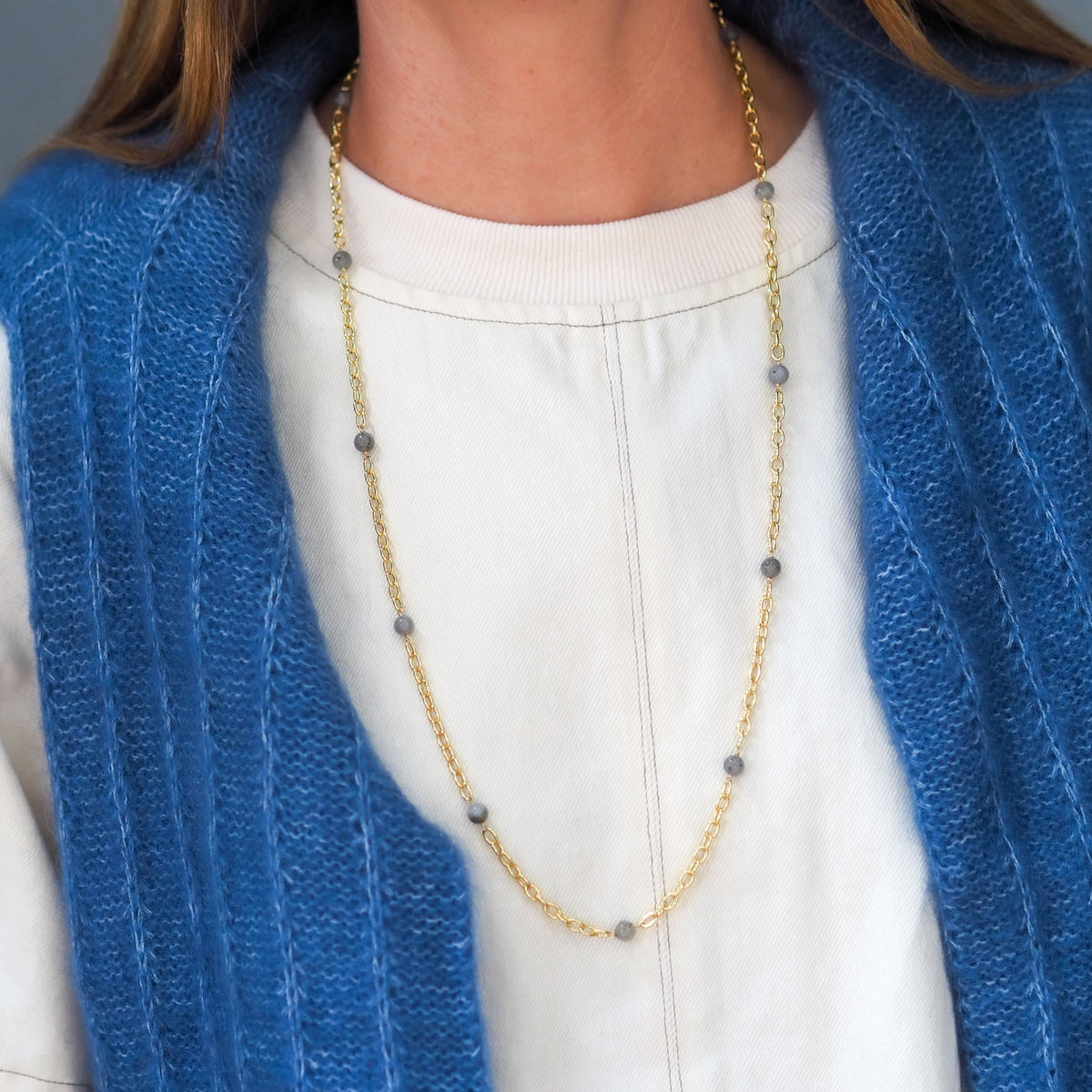 Model wearing Goldbug Collection Labradorite Bead Thick Cable Chain Necklace 30"
