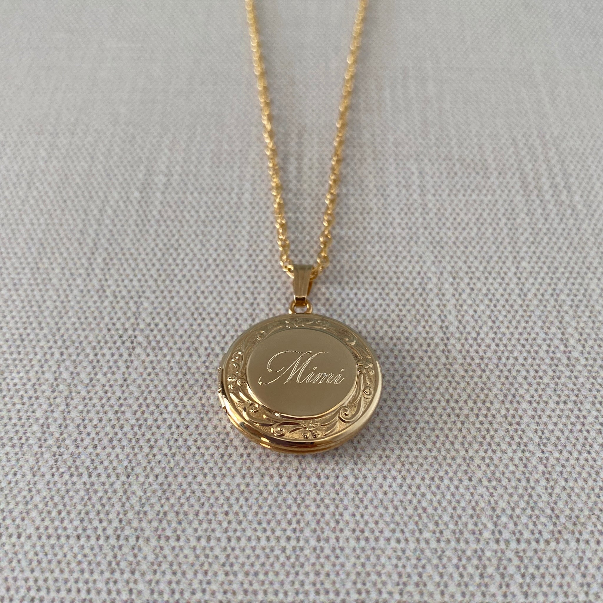 14K Gold Filled Floral 19mm Round Locket Necklace with machine engraved name