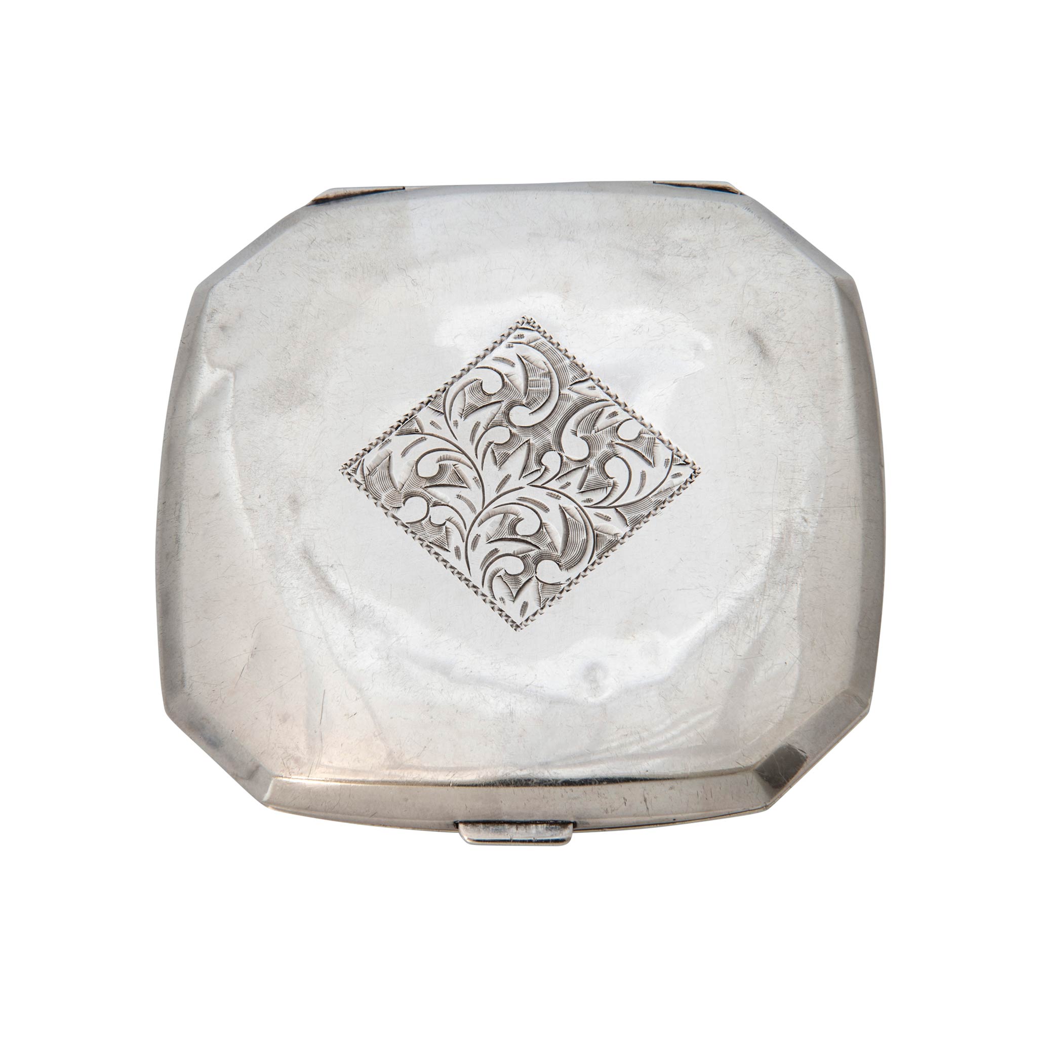 Estate Engraved Sterling Silver Mirror Powder Compact