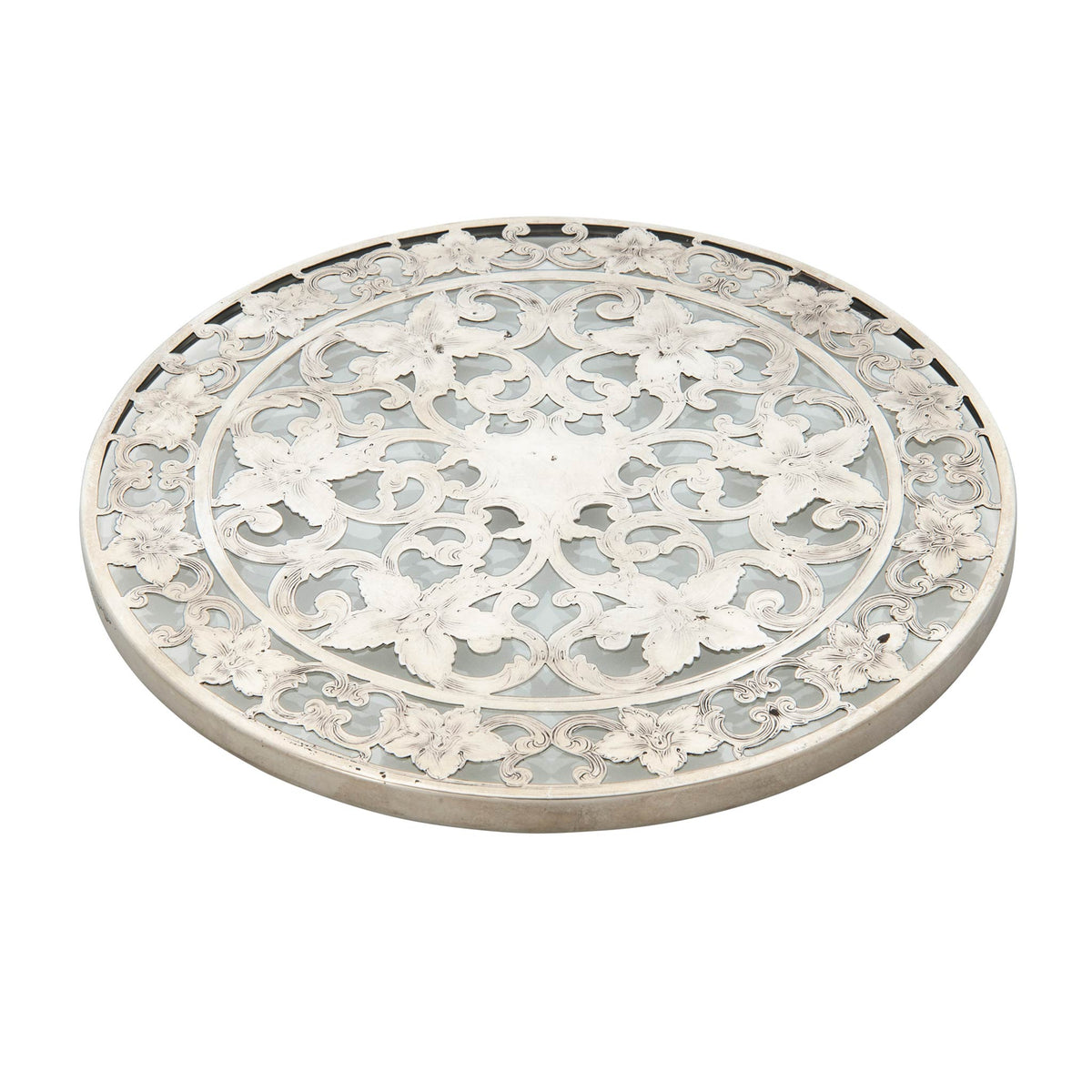 Vintage Webster Floral Sterling Silver & Glass Coaster 6"